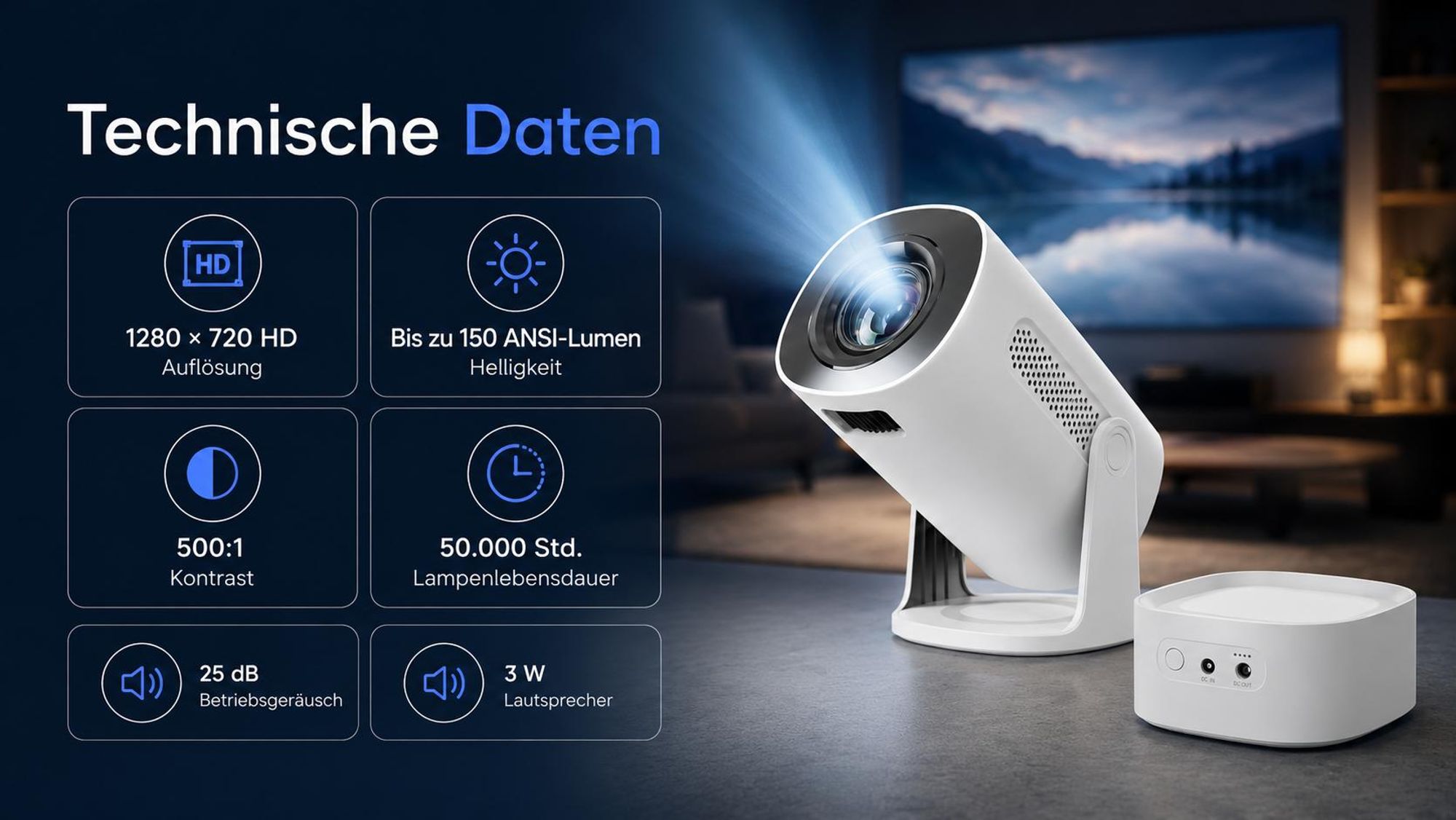 Kiano Vision Mini Beamer tragbar, 1280x720 HD, Android 11 Smart TV, Akku