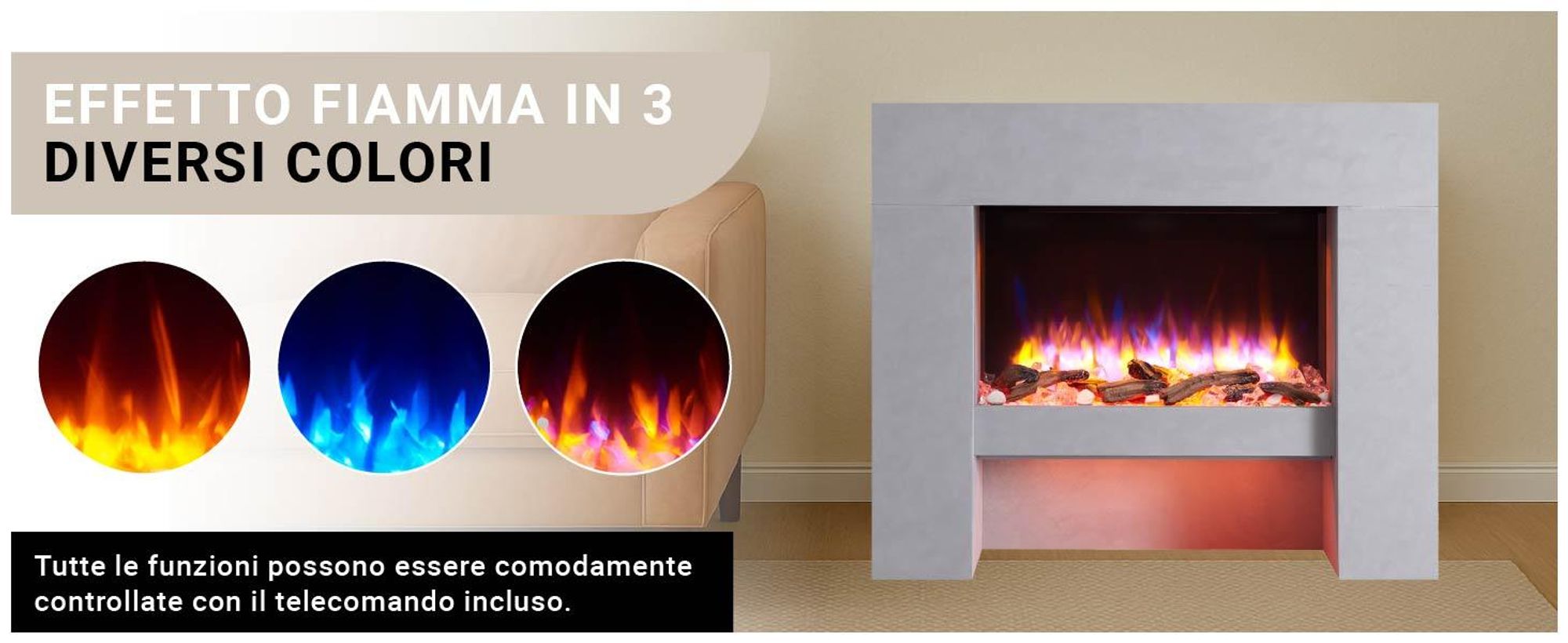 Caminetto elettrico BALDERIA Naran - Caminetto a libera installazione - Colore grigio cemento