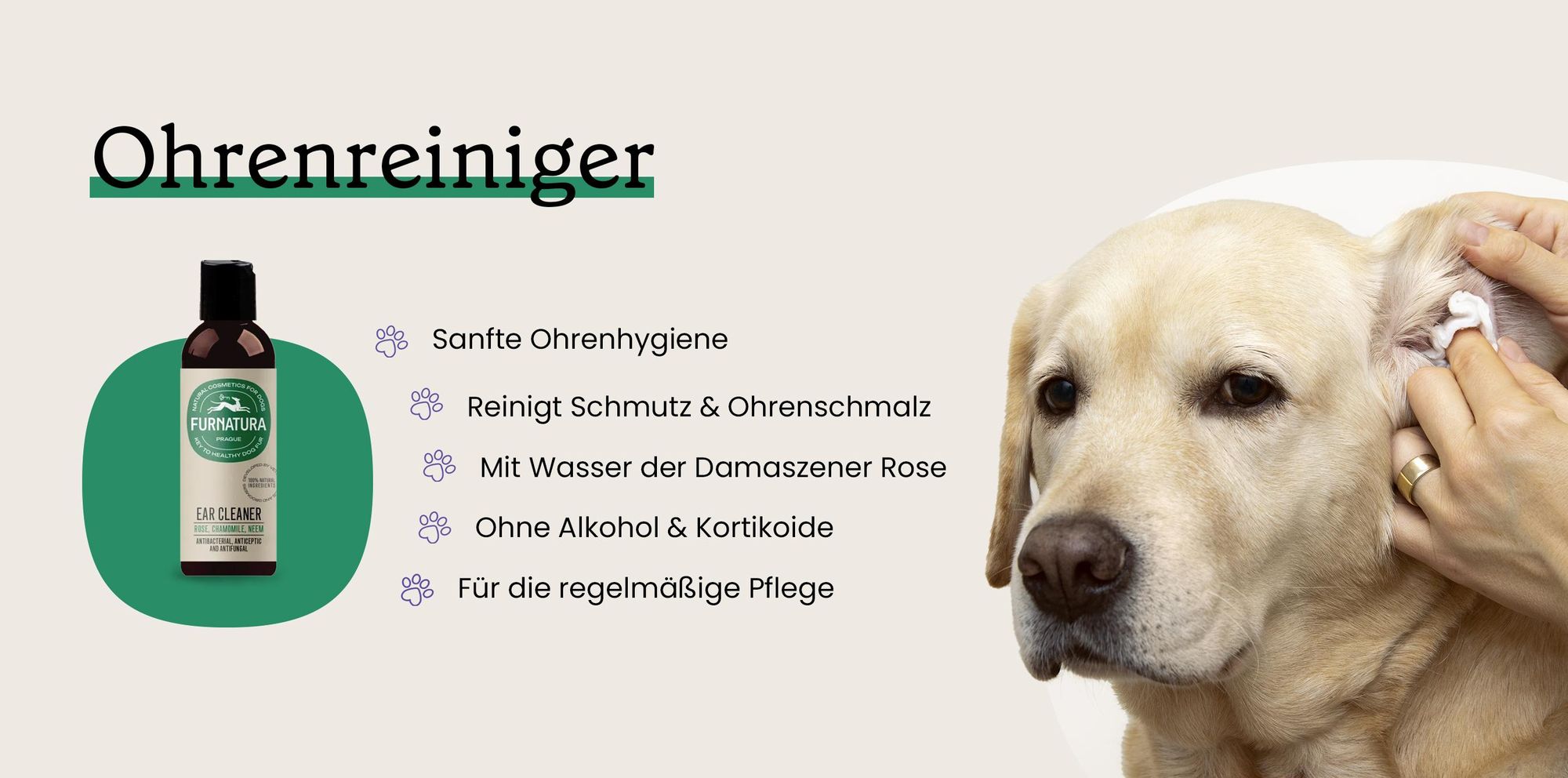 Natürlicher Ohrenreiniger für Hunde zur sanften Reinigung und Pflege des äußeren Gehörgangs.