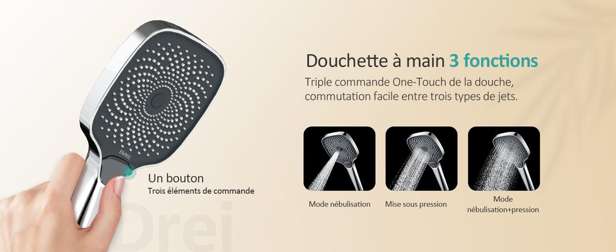 Système de douche EMKE avec thermostat, pommeau de douche pluie de 36x24 mm, douchette à main avec 3 intensités de jet, douche pluie, robinetterie de salle de bain et de douche, conforme à la norme KTW, finition chrome