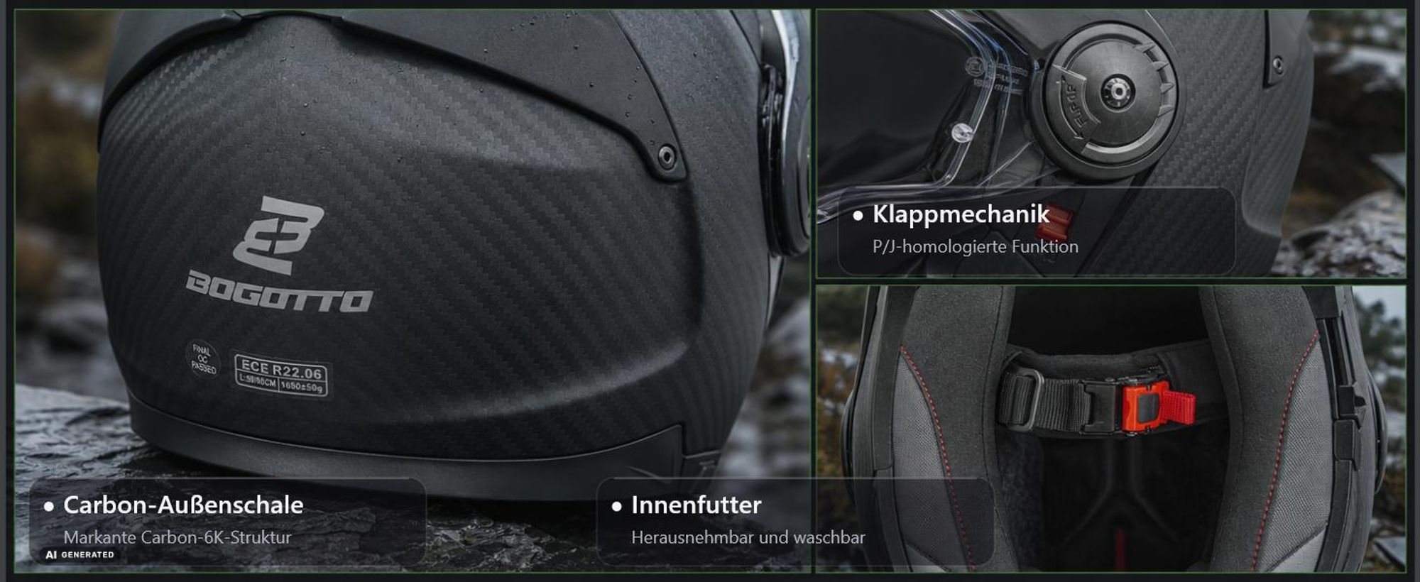 Bogotto FG-102 Carbon 6K Enduro Klapphelm, schwarz matt, XL (61/62)