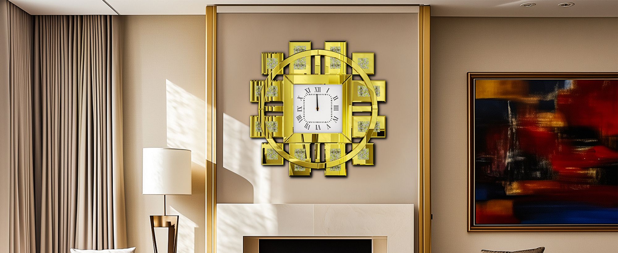 WISFOR Wanduhr 80 cm, rund Dekouhr, Modern Atmosphera Küchenuhr Wohnzimmer Bürouhr, Leise Römischen Ziffernr, Glas,Gold