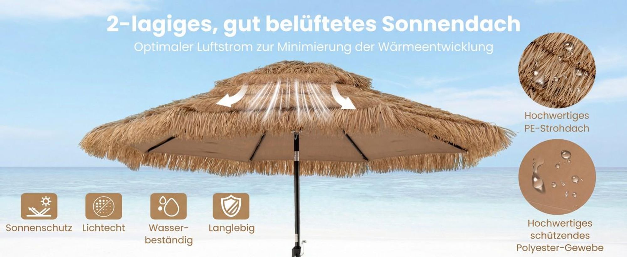 COSTWAY Sonnenschirm Hawaii 300 cm, Strohschirm mit Solar-LED und Doppeldach, Gartenschirm neigbar