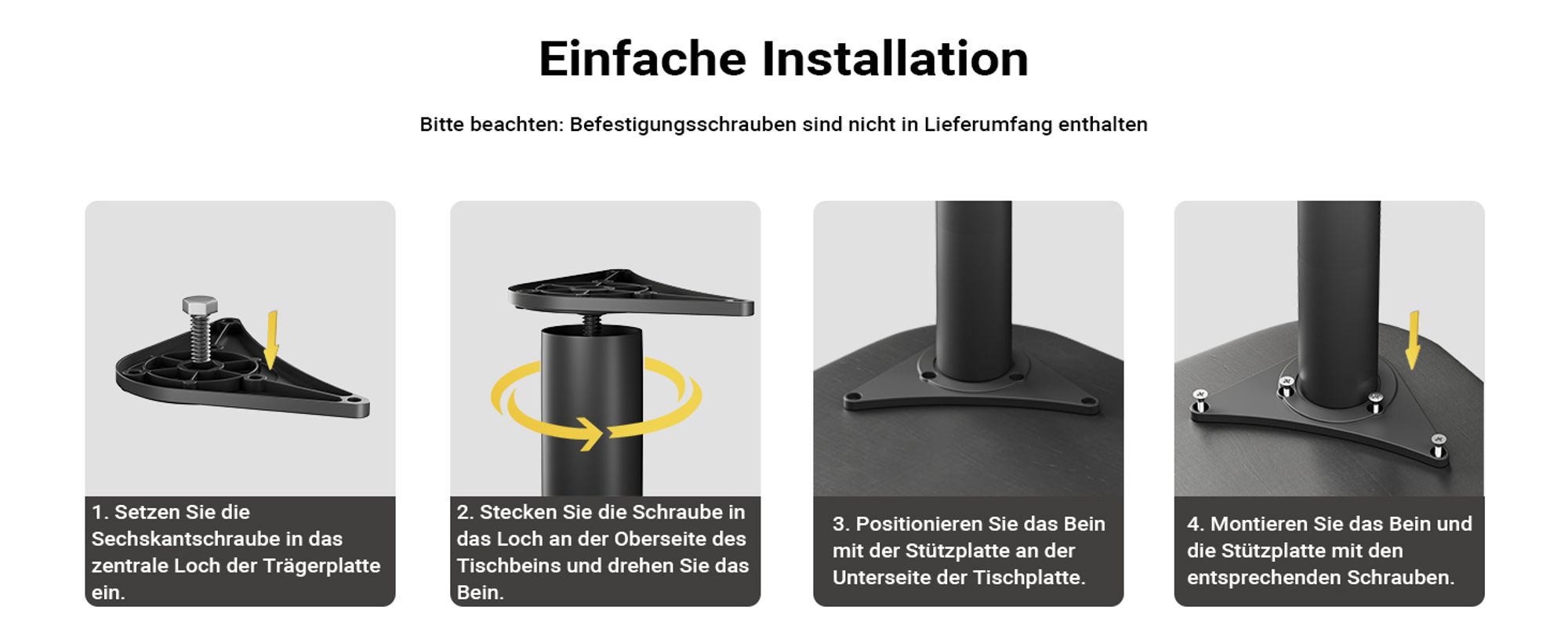 Wiltec Edelstahl Tischbein Set, schwarz, 4 Möbelfüße Ø 60 mm und mit verstellbarer Länge 870-900 mm, bis 200 kg Tragkraft