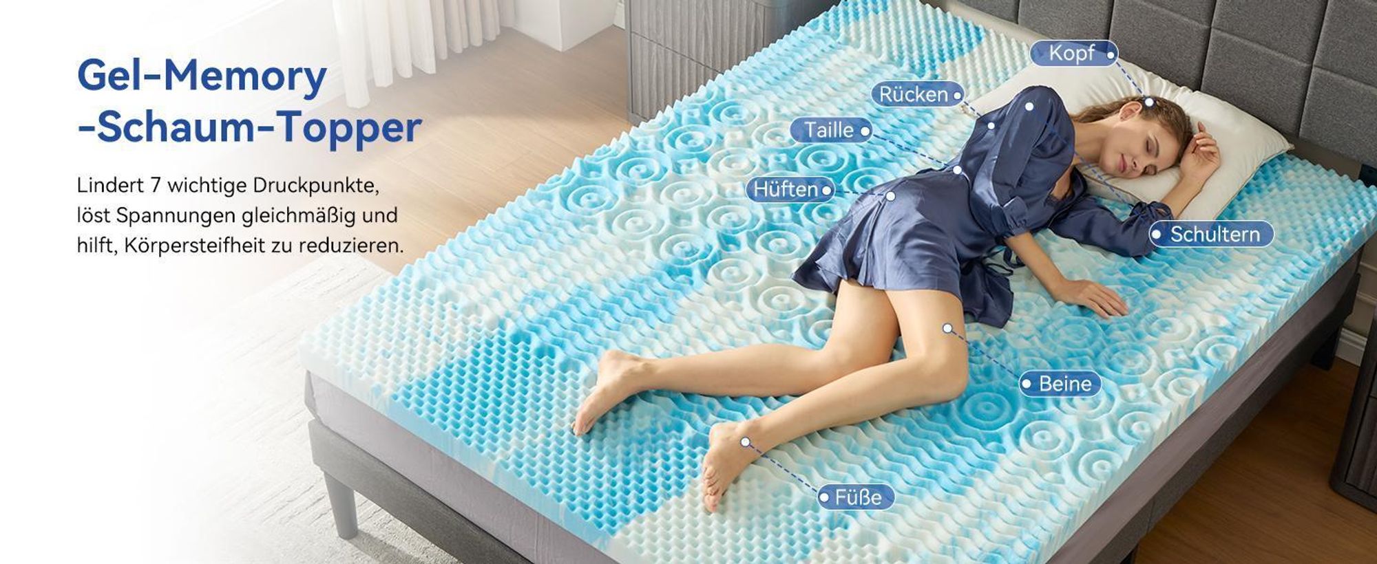 NicePlus Topper, 140x200x7cm, 5-Zonen Gel-Schaum - Für erholsamen Schlaf, 360° Mesh für alle Matratzen, H2/H3