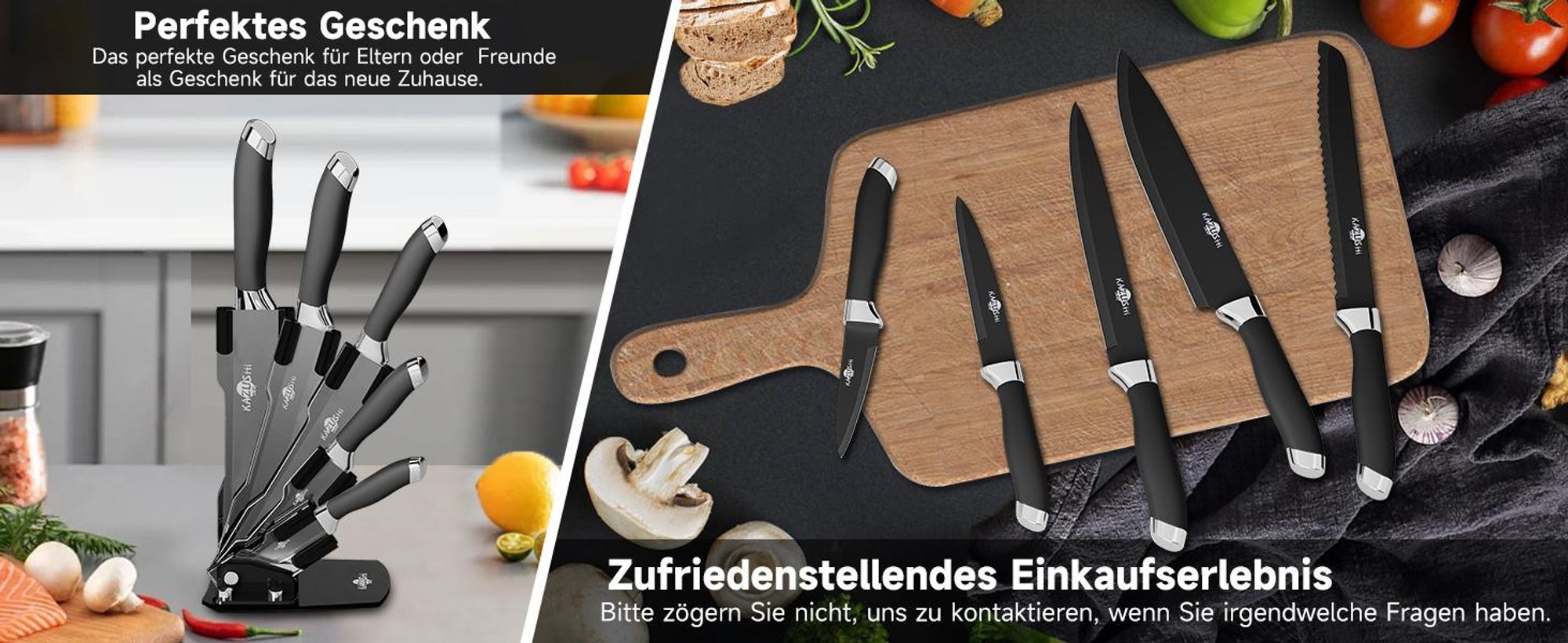 KAZUSHI Messerblock mit Messer 6-teilig, Scharfe Küchenmesser, Profi Messerset mit Block, Edelstahl Messer Set - Schwarz (KA-KN62)