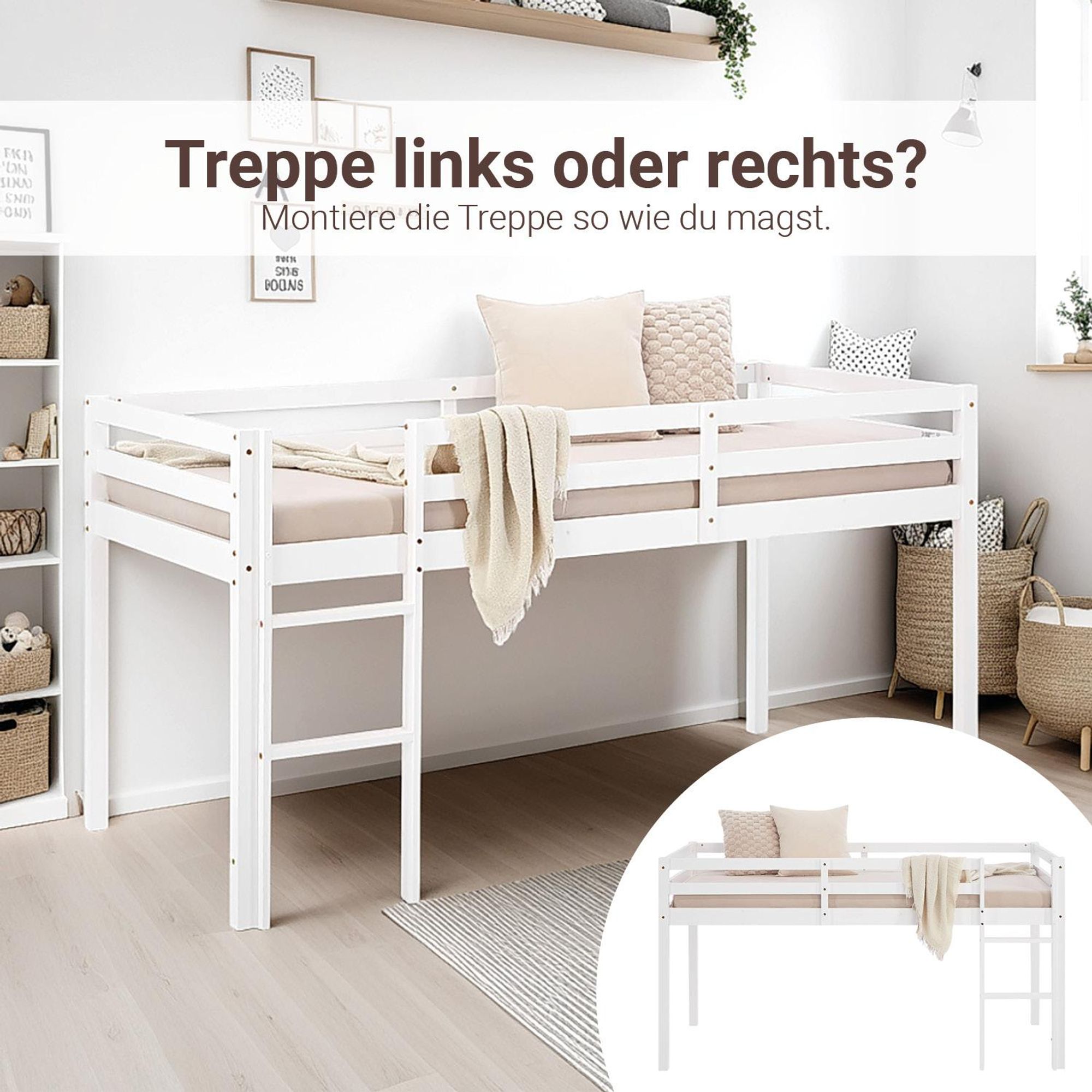 Die Leiter vom Bett lässt sich flexibel link oder rechts montieren.