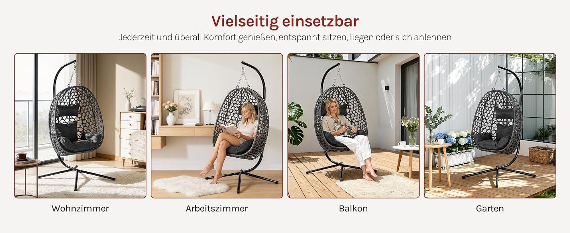 WOLTU Hängesessel mit Gestell bis 150 kg belastbar PE-Rattan, Schwarz