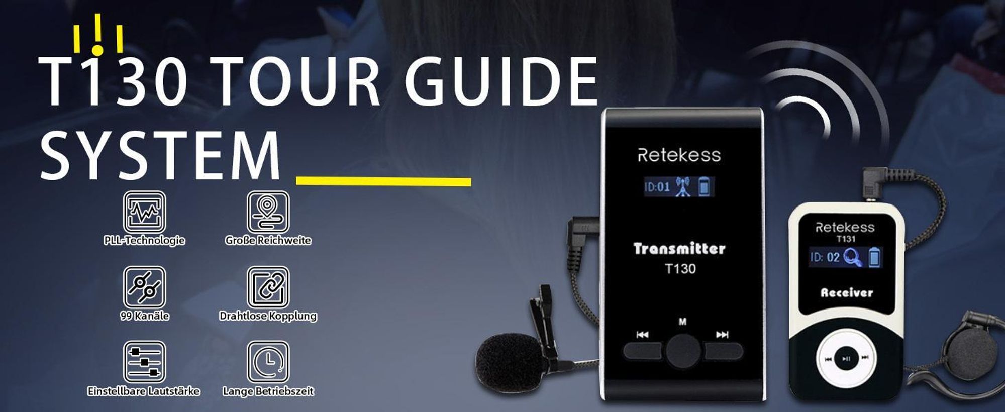 Retekess T130-T131 Tour guide System,60 Meter,99 Kanäle,18H,mit Mikrofon, PLL-Technologie, Geeignet für Reisebüros,Schulungen, Schulbesuche