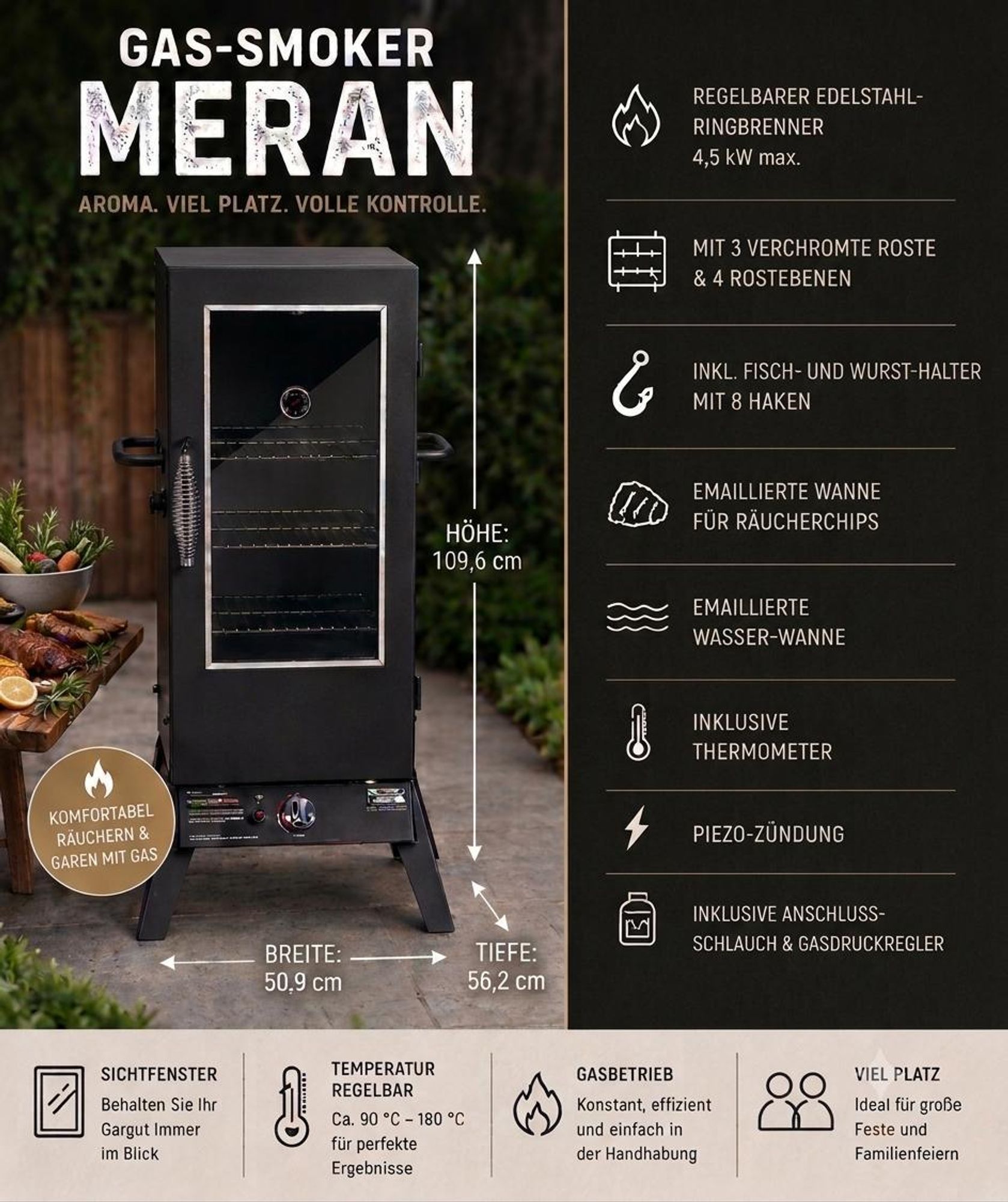 TrendLine Gas Räucherofen Meran Räucherschrank Smoker mit Sichtfenster