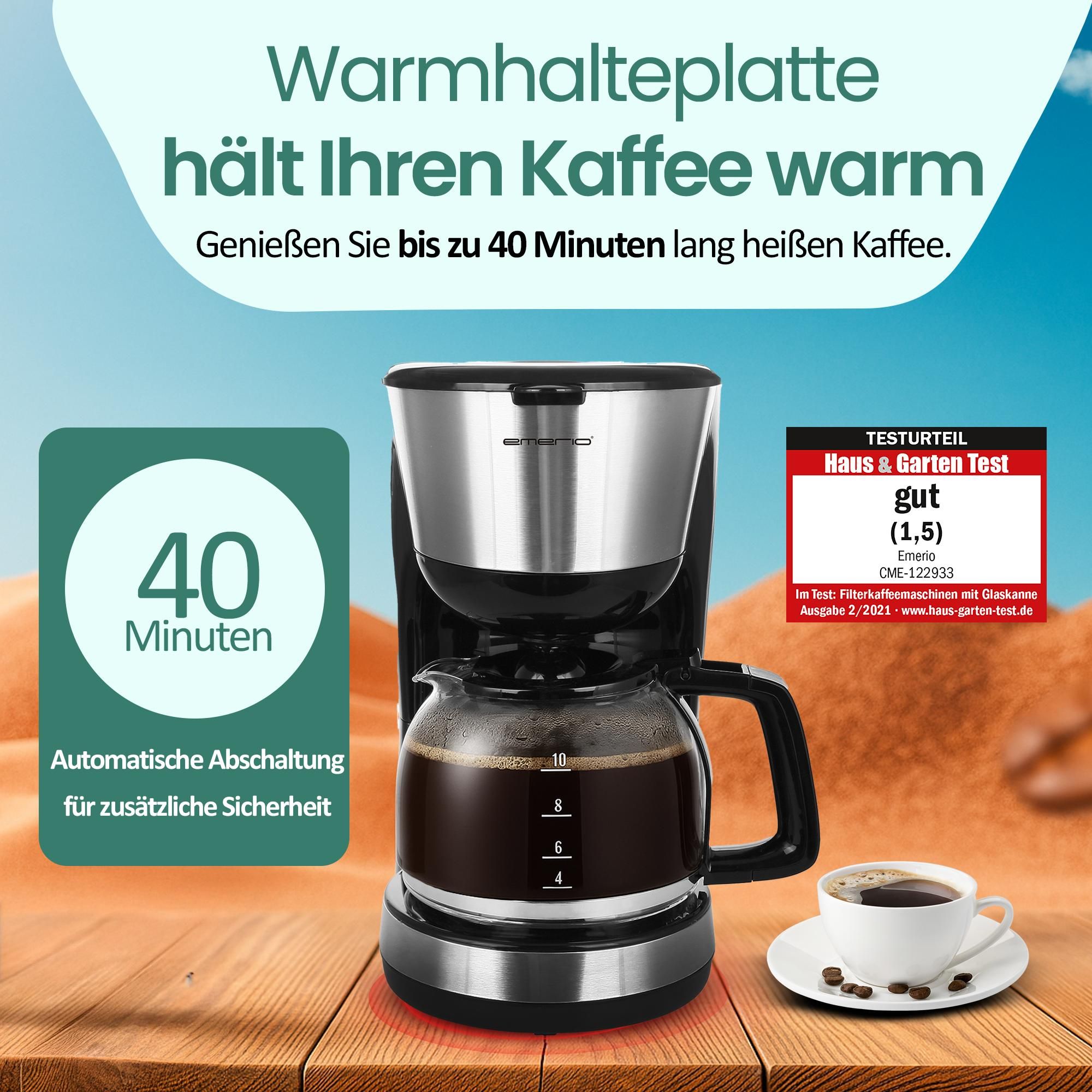 Emerio Kaffeemaschine mit Glaskanne – 1,25 L Filterkaffee – 10 Tassen – herausnehmbarer Filter – Tropf-Stopp-System – 1000 W – CME-122933 - Schwarz