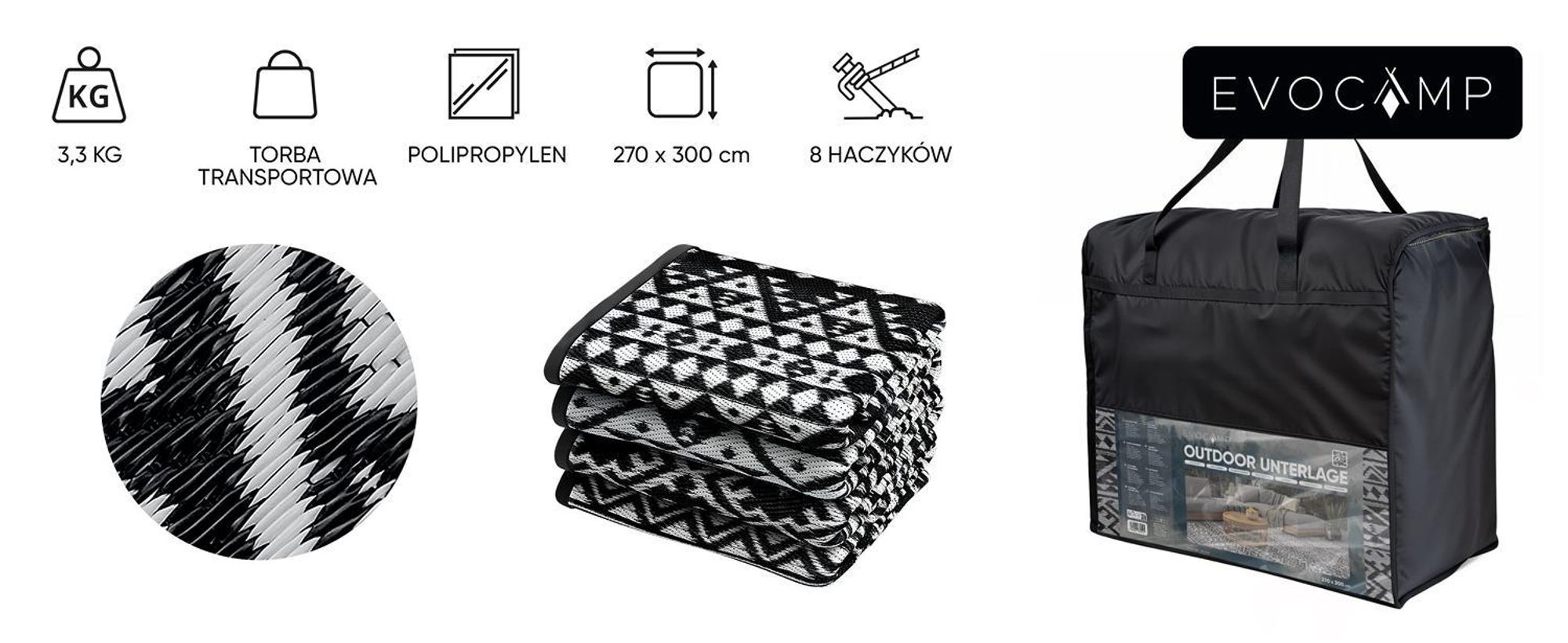 Zawartość zestawu: dywan, torba i 8 haczyków.