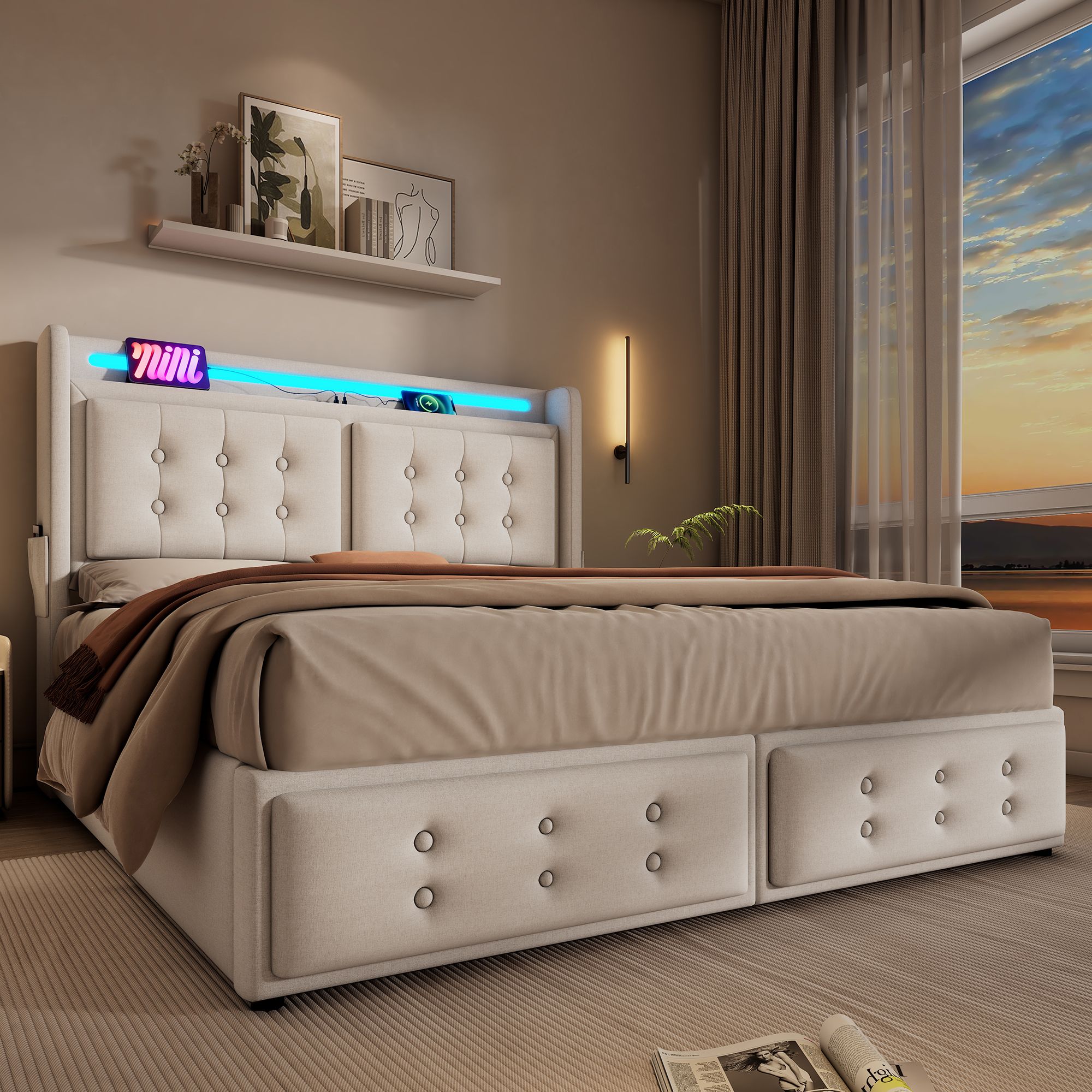 Flieks Polsterbett 140x200cm mit Ladefunktion, Doppelbett Jugendbett mit LED, Hydraulisches Stauraumbett Boxspringbett mit Lattenrost, Baumwolle Beige