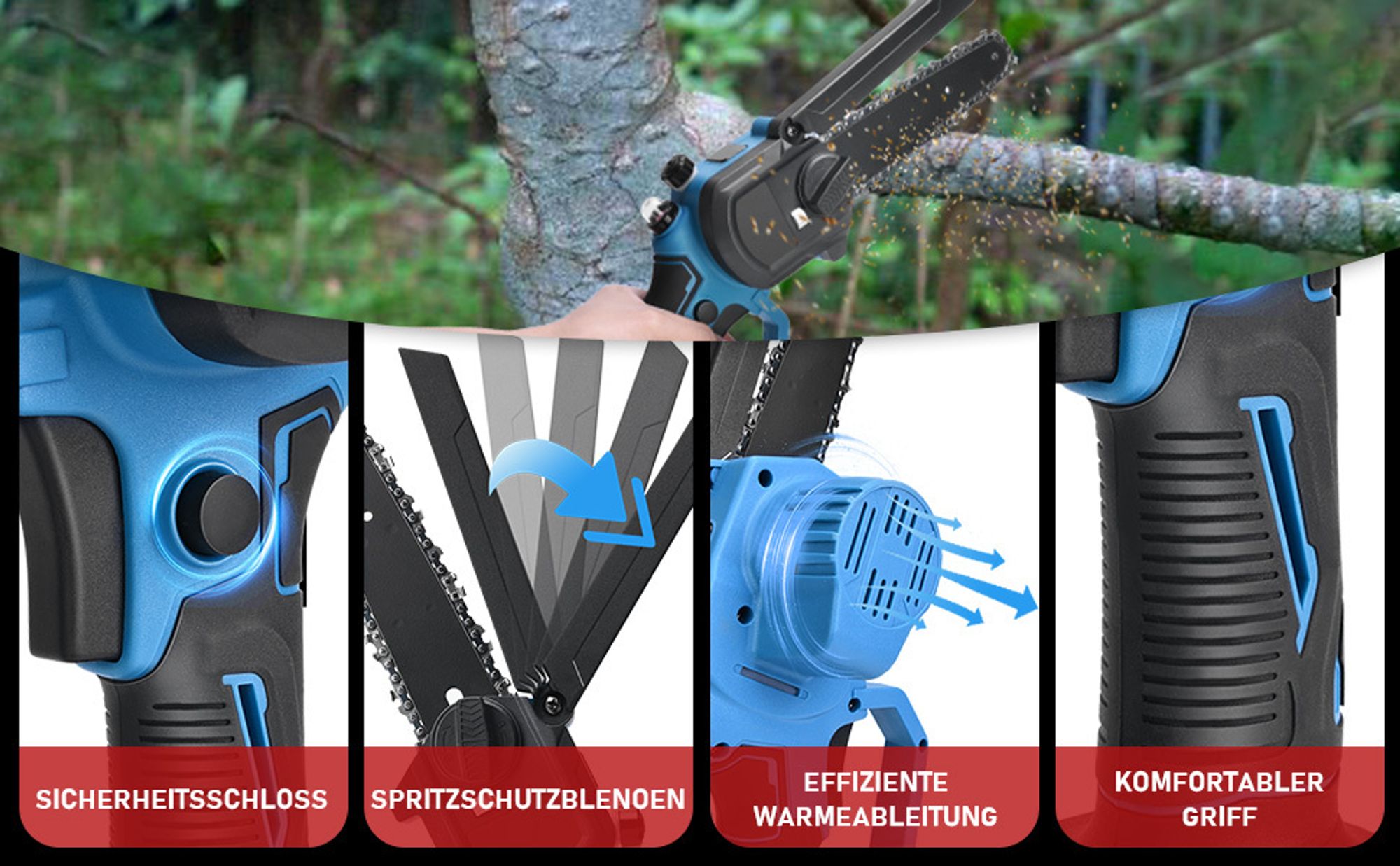 Mini Kettensäge mit Akku 3000mAh, 8 Zoll and 6 Zoll Anzug, Bürstenloser Motor Handkettensäge mit Sicherheitsschloss für Gartenscheren Holzschneidenz