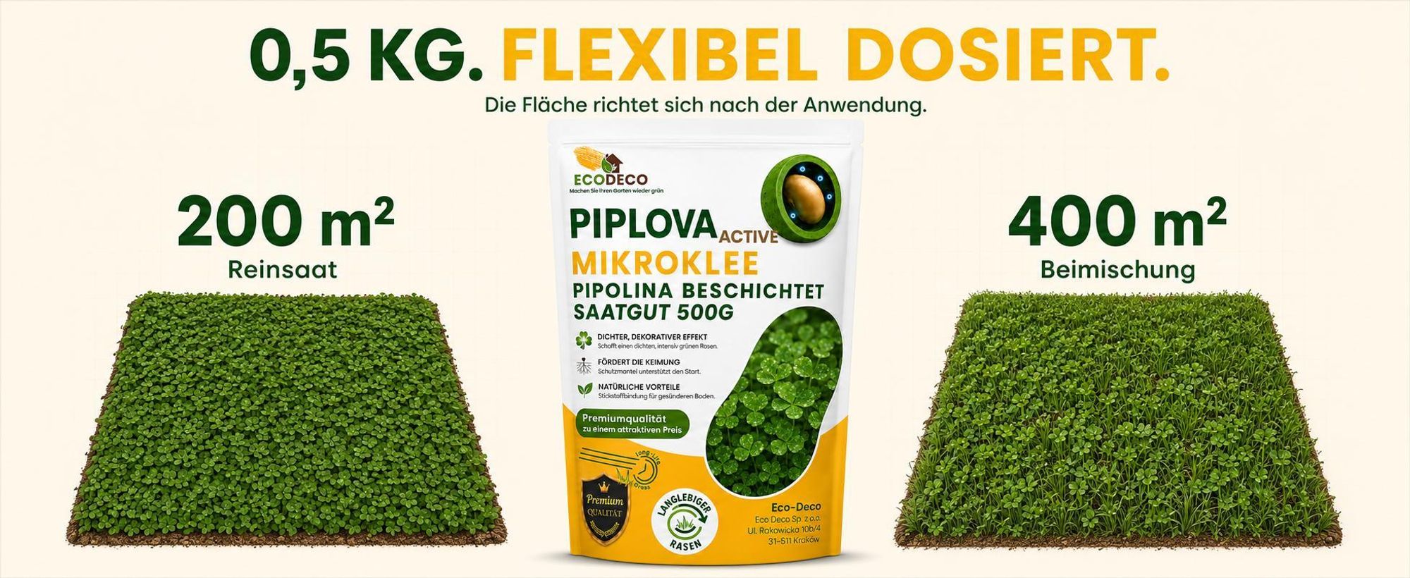 EcoDeco Mikroklee Samen Euromic MicLover, Klee Samen für den Rasen, zur Verdichtung und Stärkung von Rasenflächen, 500 g