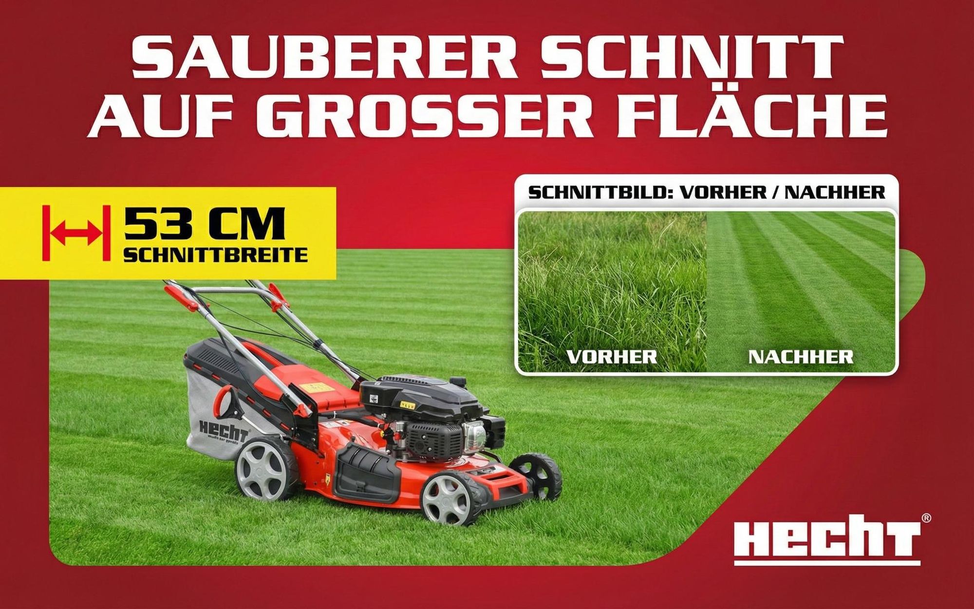 HECHT Rasenmäher Benzin mit Antrieb 554 SXE | 53 cm Schnittbreite & Elektrostart | 5in1 | 75L | 6 PS | Mulchkit