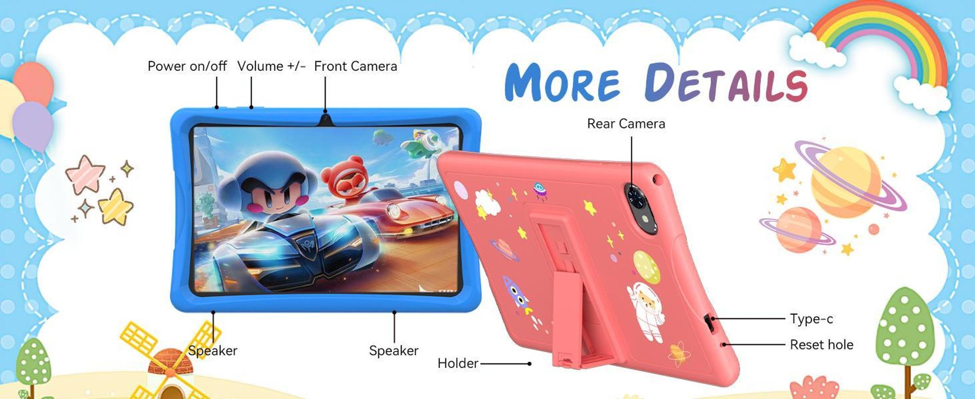 KOBONA-Tabwee K10 Kids 10.1" Rosa Tablet, Google Kids Space, 4GB+64GB, Android 15 WiFi Tablet für Kind mit Kindgerechte Hülle und Stift, 5000mAh
