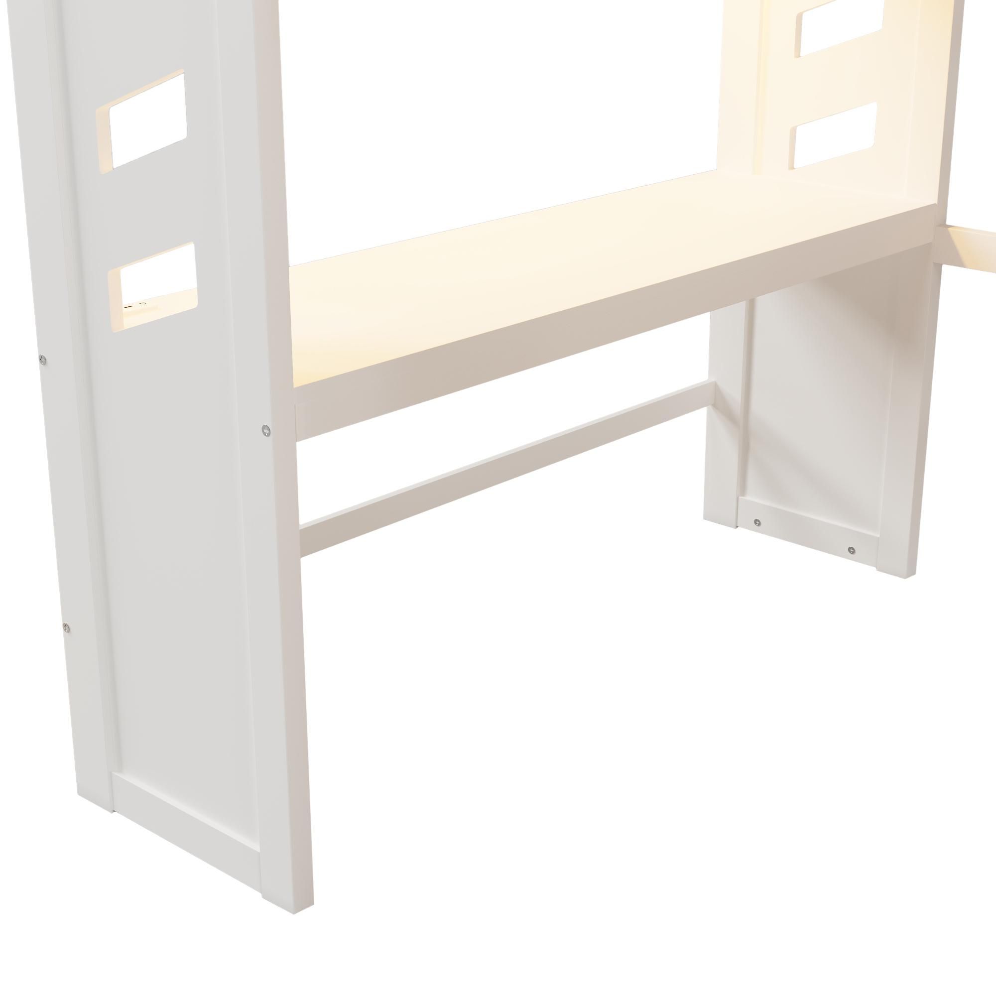 Flieks Etagenbett 140x200cm mit Schreibtisch und Ladefunktion, Kinder Hochbett mit Led, Kinderbett Doppelbett mit Stange und Schubladen, Weiß