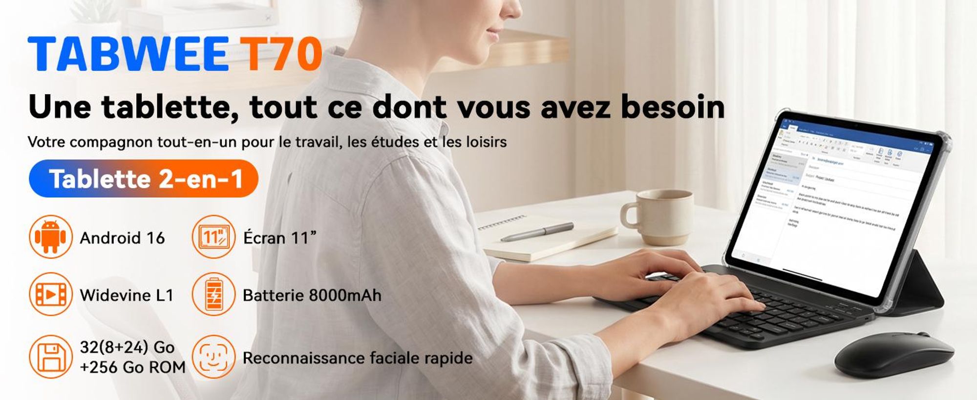 Tablette TABWEE T70 de 11 pouces, 32 Go (8 Go RAM + 24 Go stockage) + 256 Go de stockage, Android 16, batterie de 8000 mAh, Bluetooth 5.0, reconnaissance faciale, Widevine L1, Rheinland. Livrée avec un clavier, une souris et un stylet