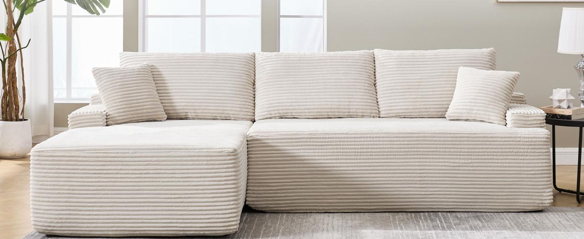 Juskys Sofa Coredo - Beige, moderne Couch aus Cord mit Kissen, Ottomane links