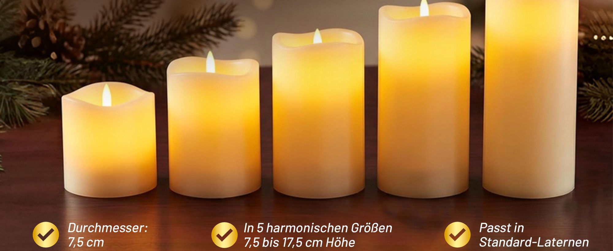 MONZANA® LED Kerzen mit Timerfunktion 5er Set flackernd Echtwachs batteriebetrieben mit Fernbedienung dimmbar in Warmweiß 5 Größen ø7,5cm