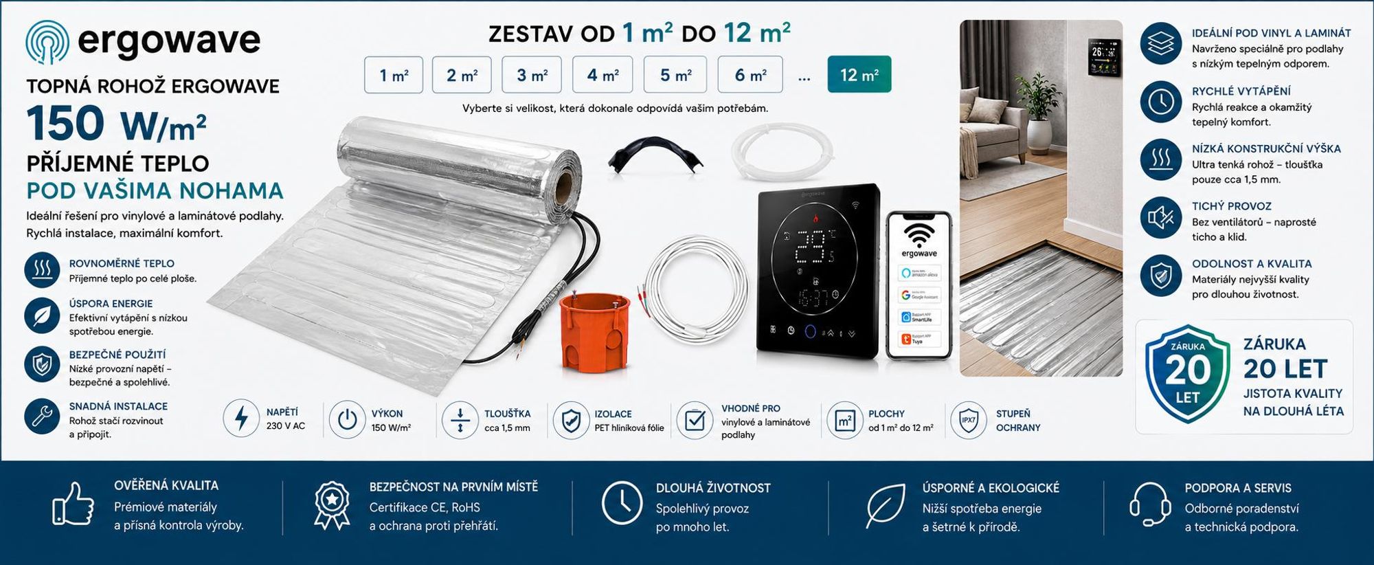 Podlahové vytápění, sada hliníkové rohože pod panely 12 m² s termostatem