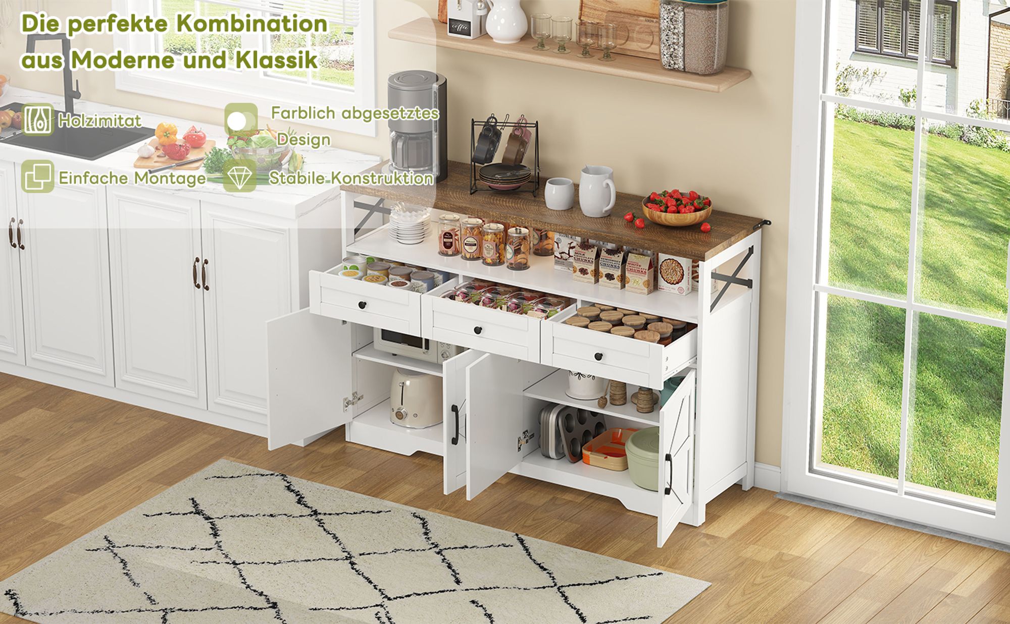 Flieks Sideboard, Kaffeebar im Landhausstil, Anrichte mit 4 Türen, weiß und braun