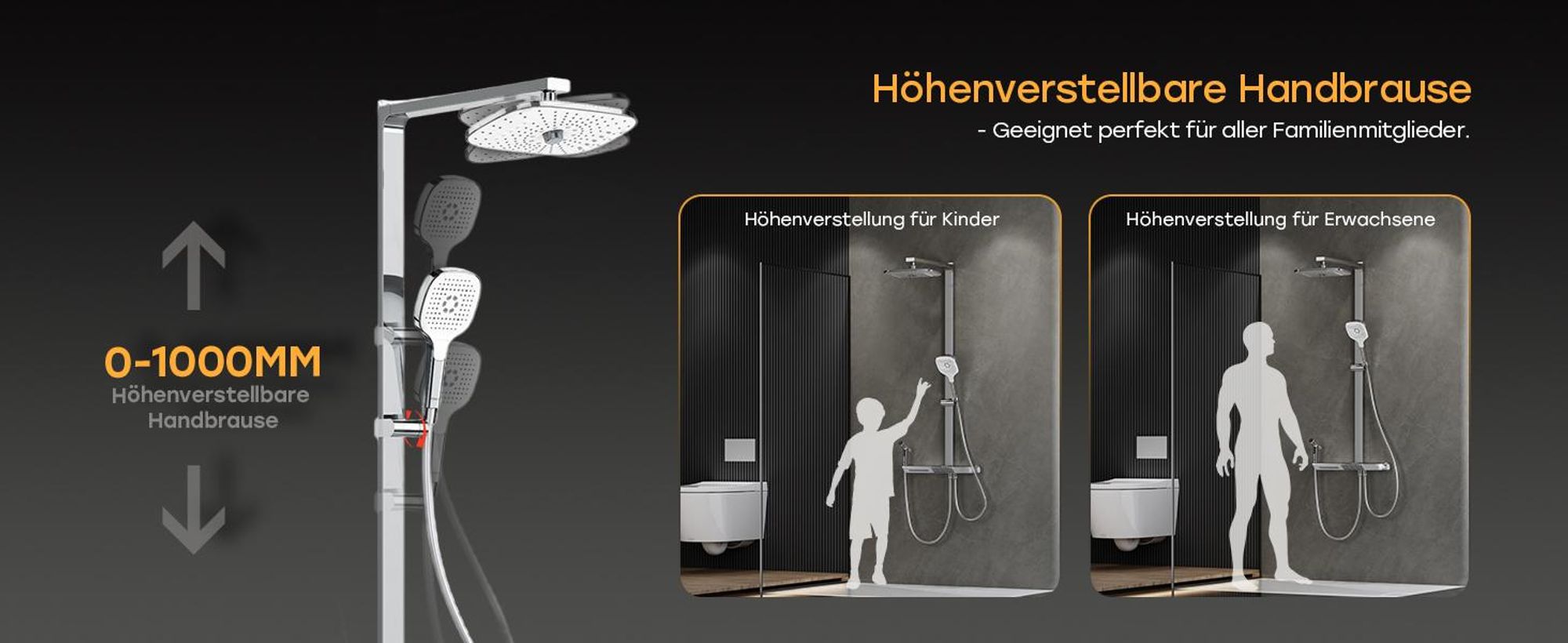 HOROW RainFlexi N2 Duschsystem mit Thermostat, Chrom Regendusche Set mit 2 Handbrause, Wasserfallauslauf, Große Kopfbrause, Höhenverstellbar Duschset
