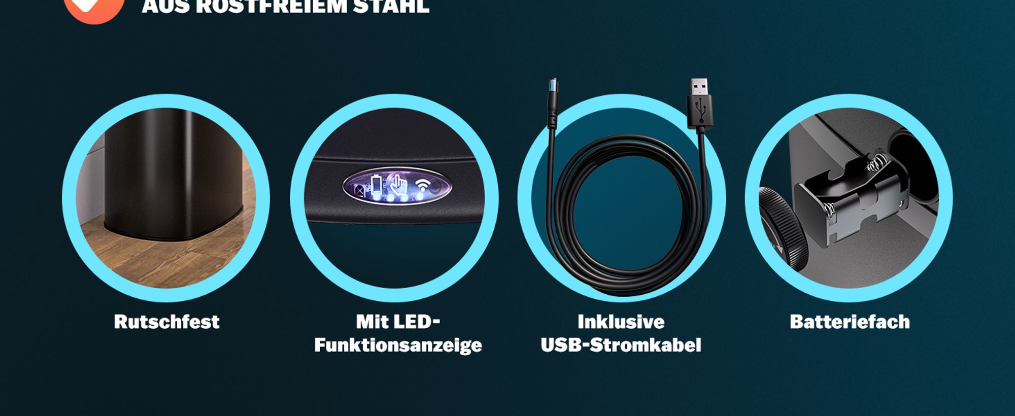 MONZANA® Mülleimer mit Sensor Küche 50L Edelstahl Automatik Deckel Klemmring inkl. USB-Kabel Abfalleimer Groß Papierkorb LED Anzeige, Farbe:schwarz