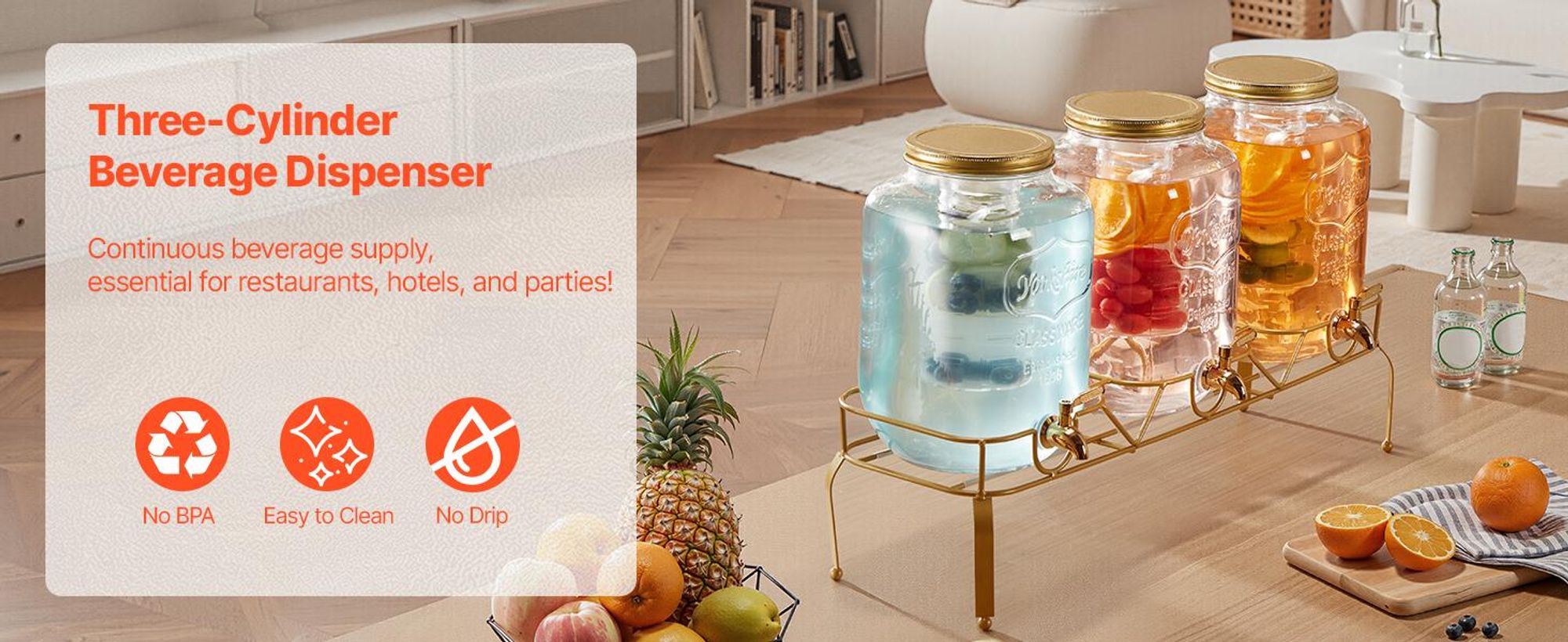 VEVOR Getränkespender (3 x 8 L) für Partys Saftspender (aus Glas) mit tropfsicherem Zapfhahn & Metallständer Wasserspender für Restaurants Partys, Limonade Eistee selbstgemachte Getränke Spender