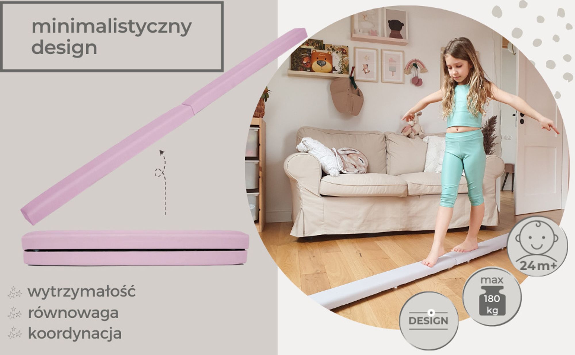 Faltender Schwebebalken für Kinder (207 cm) | Gepolsterte Turngeräte für Zuhause Anti-Rutsch Gymnastik Kinder | 100% ECO | EU