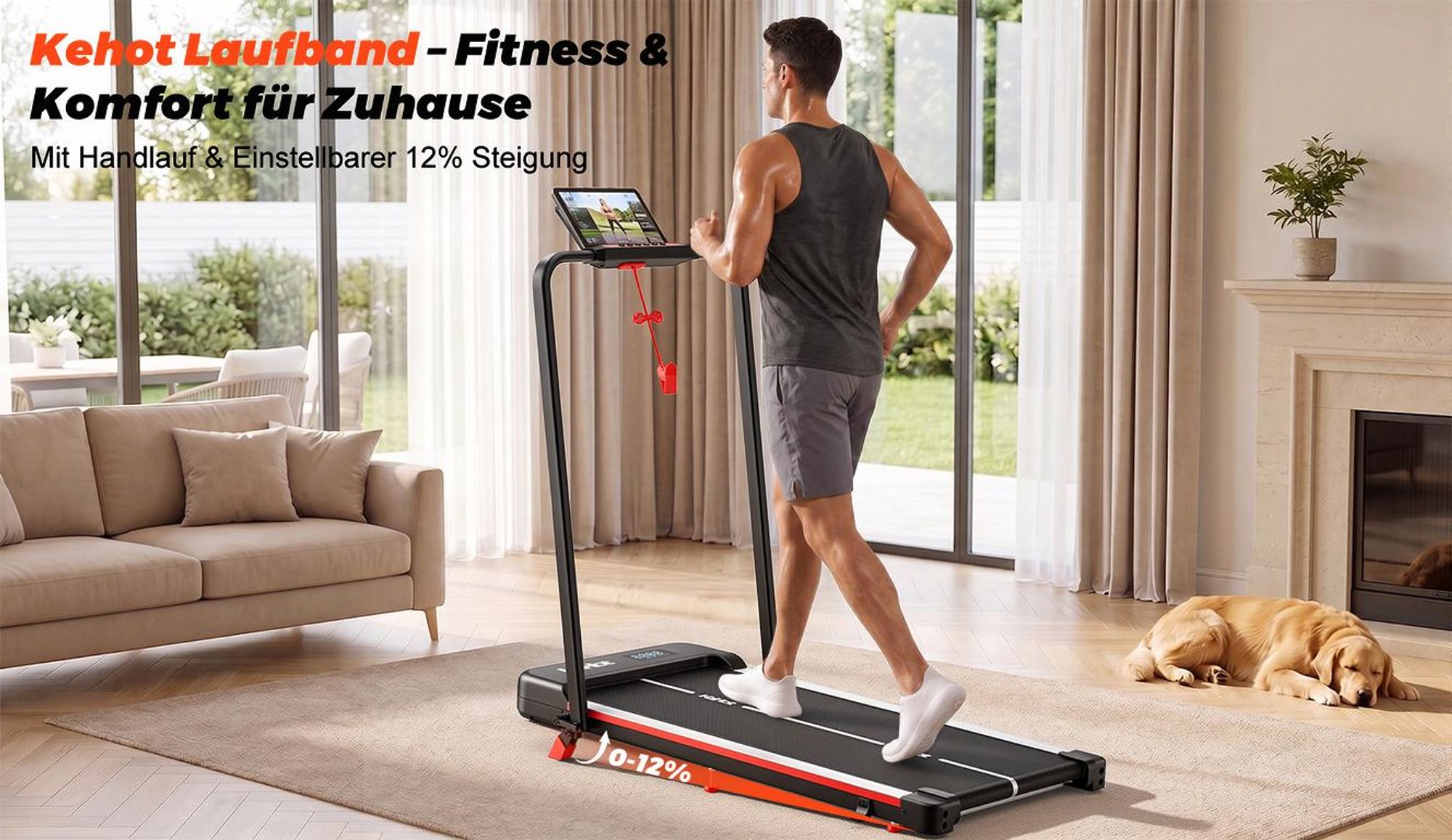 Laufband klappbar 4-in-1 mit 12% Steigung, 1–12 km/h, bis 120 kg, App-Anbindung und LED-Display, für Zuhause und Büro