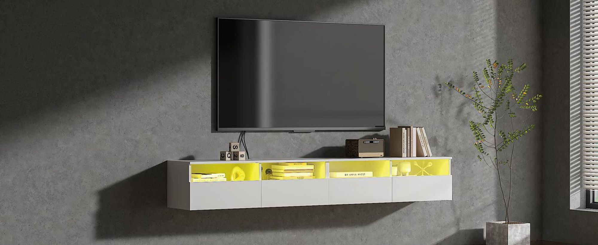 Radelldar Lowboard mit LED-Beleuchtung, TV-Schrank, hängend, grifflose TV-Board, 4 Schubladen mit Acryl,  200 cm, Weiß
