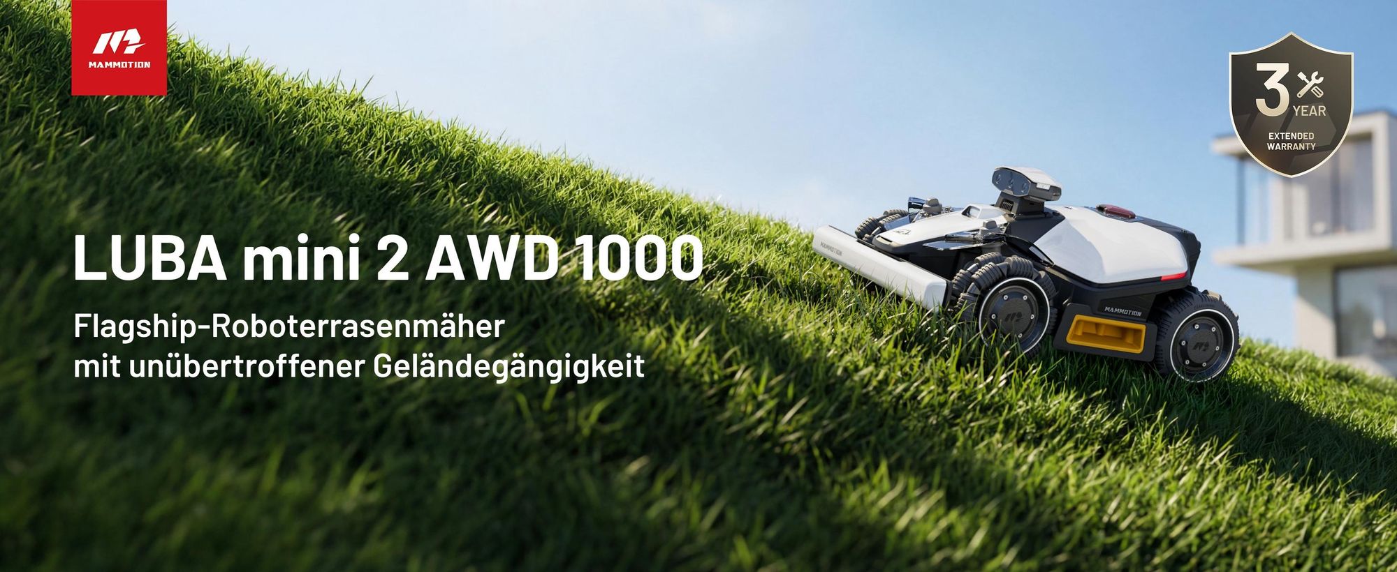 Mähroboter Mammotion LUBA Mini 2 AWD 1000 mit Garage, Waschständer, ohne Kabel, bis 1000 m², Randmähen, DropMow, Auto-Kartierung, 4G-Modul, APP