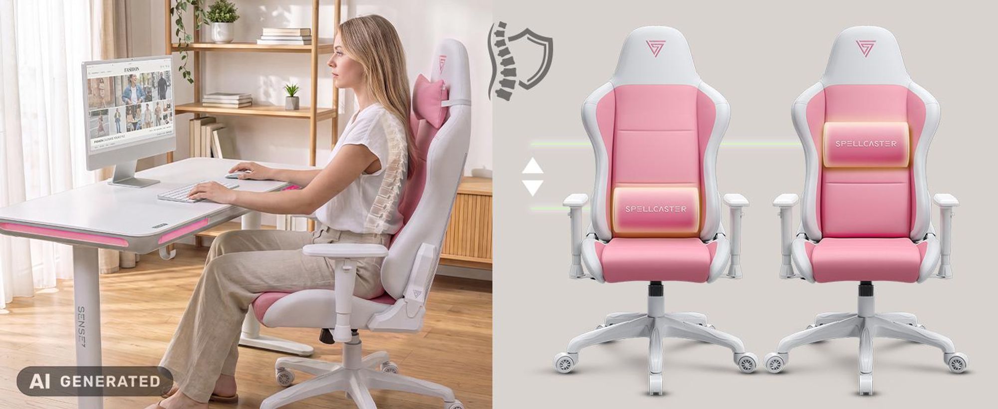 SENSE7 Gamingstuhl Spellcaster FUKU  Rosa Weiß - Ergonomischer Bürostuhl für Frauen Mädchen bis 120kg Wippfunktion Schreibtischstuhl pink