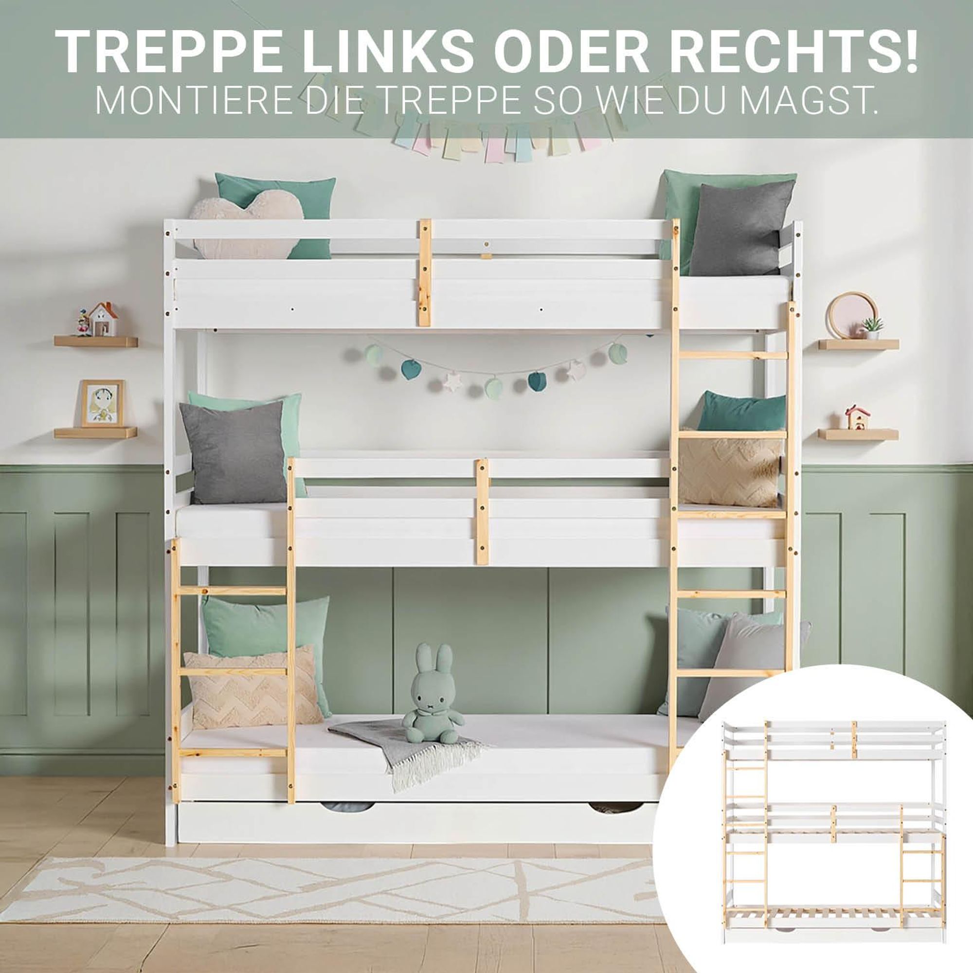 Beim modernen Kinderhochbett kann die Leiter links oder rechts montiert werden.
