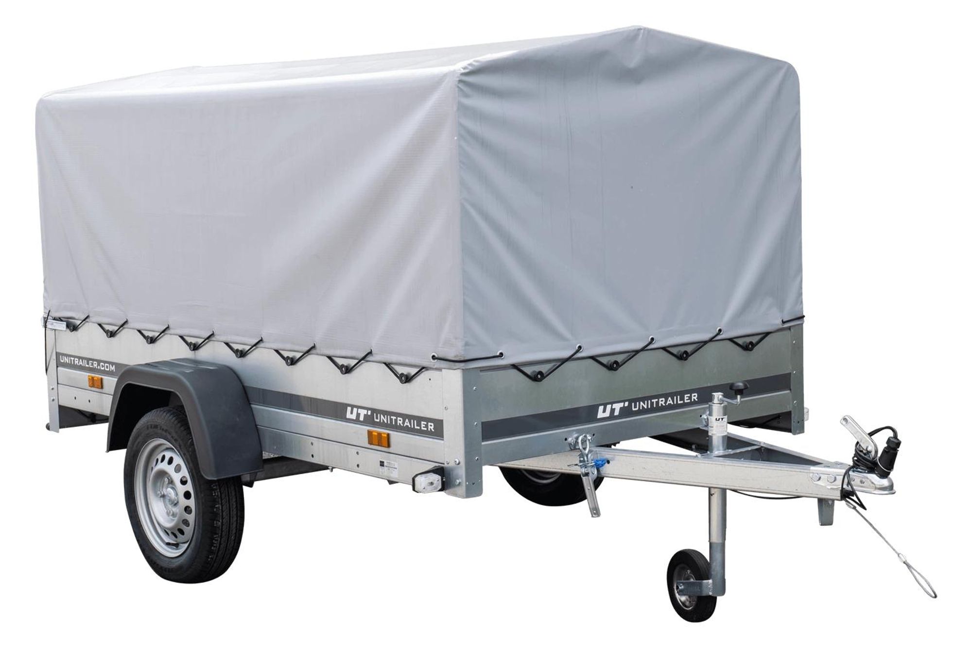 Einachsanhänger auf Federn 230x125 UNITRAILER GARDEN 230/R KIPP mit H-800-Rahmen und grauer Plane