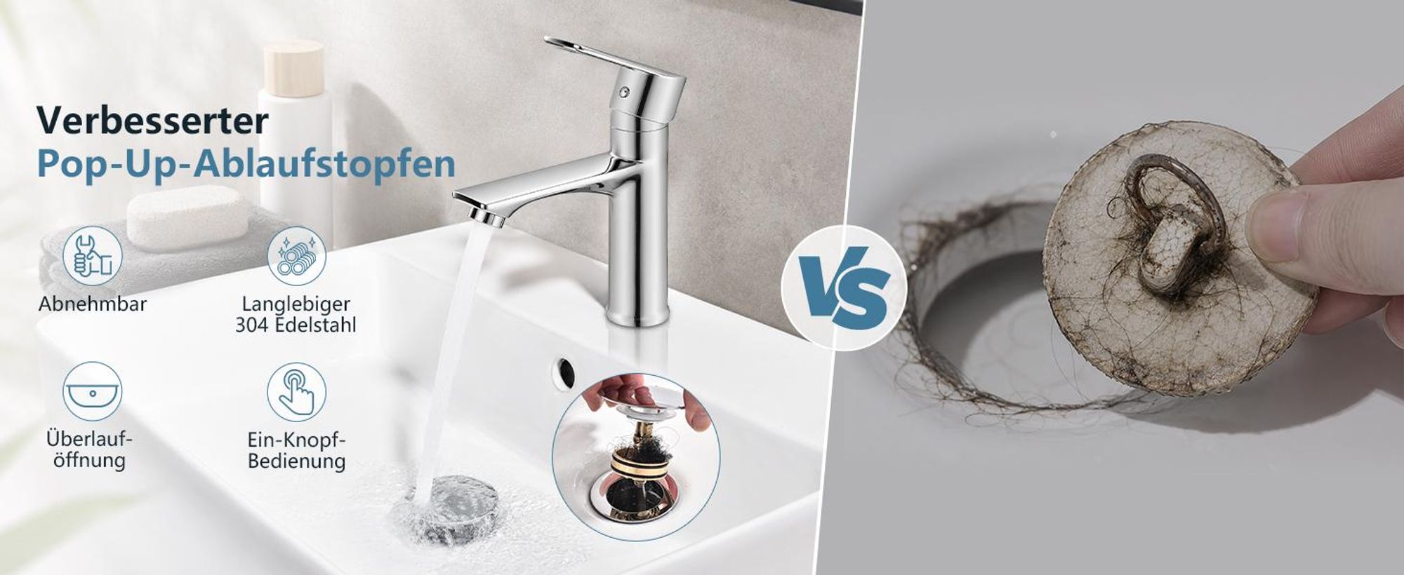 Homelody Wasserhahn Bad Chrom+Universal Ablaufgarnitur Chrom, Armatur Mischbatterie Waschbeckenarmatur mit Pop-Up Ventil Edelstahl Messing