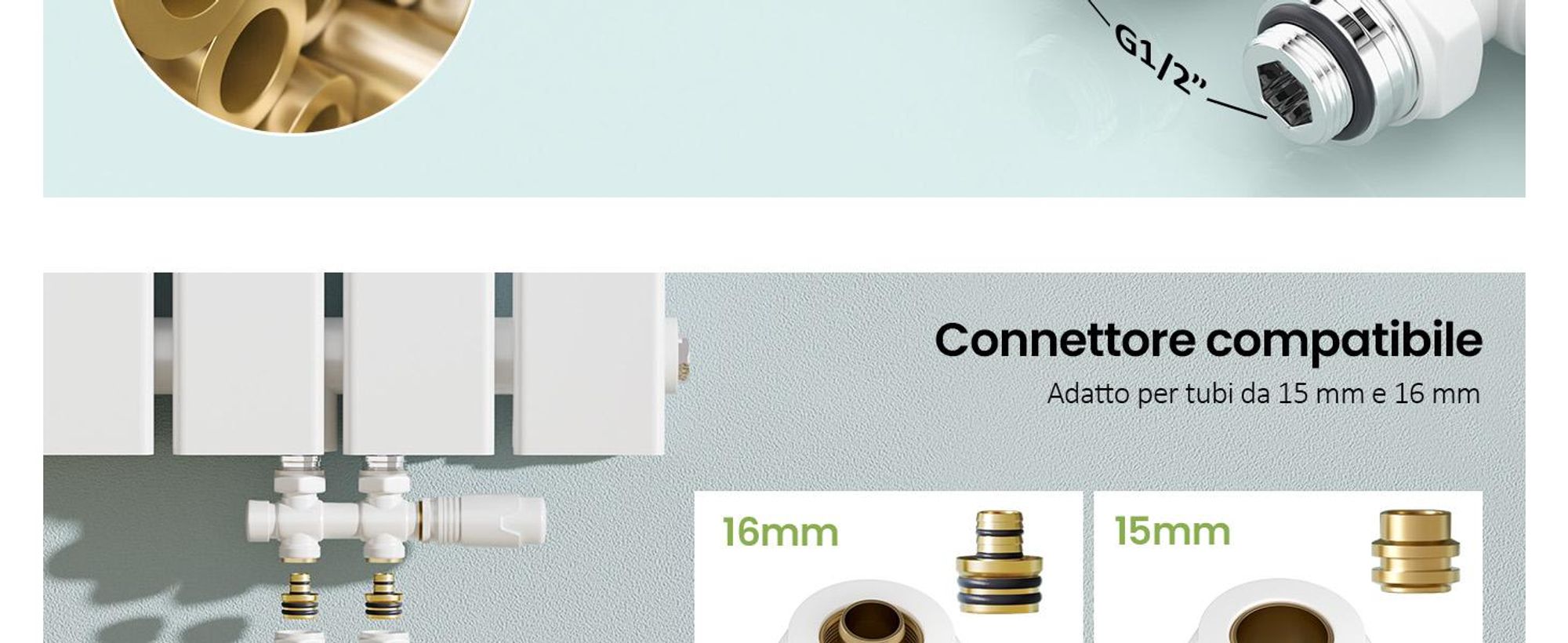 S'AFIELINA Set di raccordi per radiatori Set multiblock per radiatori 15mm/16mm, bianco, ottone, filettatura G 1/2", per montaggio ad angolo e forma diritta