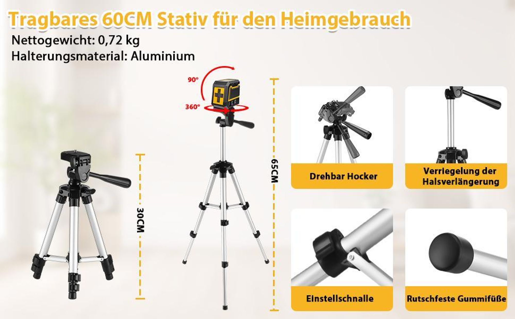Laser Wasserwaage, Kreuzlinienlaser Grün mit Stativ, Selbstnivellierend Linienlaser bis 24m, 3 Helligkeitsstufen, IP54 Innen Außen, Heimwerker