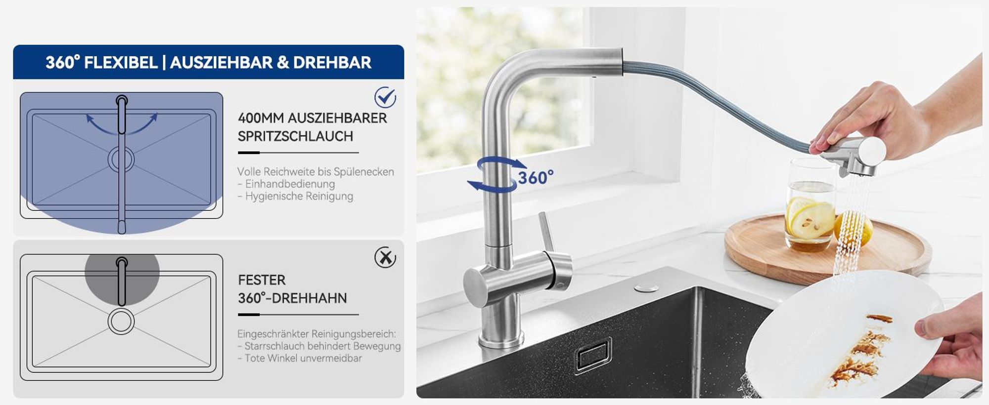 Spültischarmatur mit 3 Strahlarten & Schaber, Cecipa Wasserhahn Küche, 304 Edelstahl Küchenarmatur, Ausziehbar 40cm, 360° Drehbar, Gebürstet