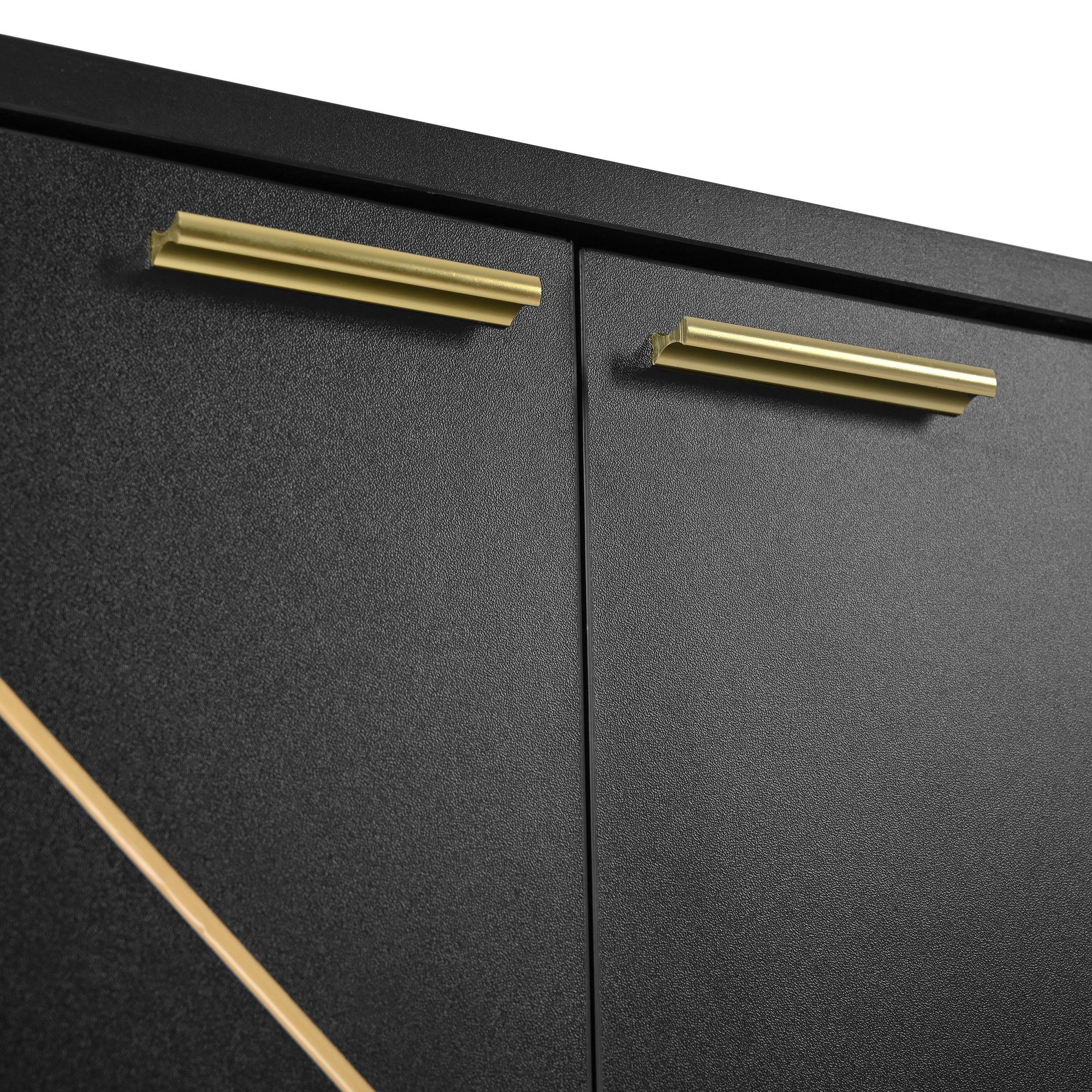 Merax Sideboard Kommode mit 4 Türen, TV-Schrank, Kleiderschrank, Metallbeine, Metalllinien, 80×150× 40cm, Schwarz+Golden