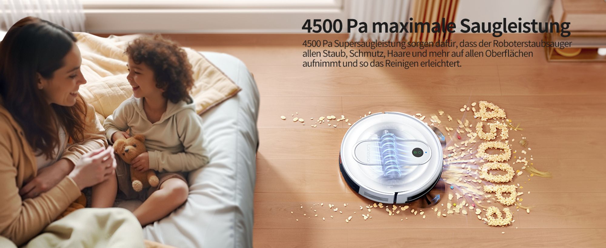 Laresar P10 Saugroboter 4500 Pa, 3-in-1 Reinigung, Teppich-Booster, Bis zu 120 Minuten, HEPA-Filter, 3 Modi, Fernbedienung, App- und Sprachsteuerung