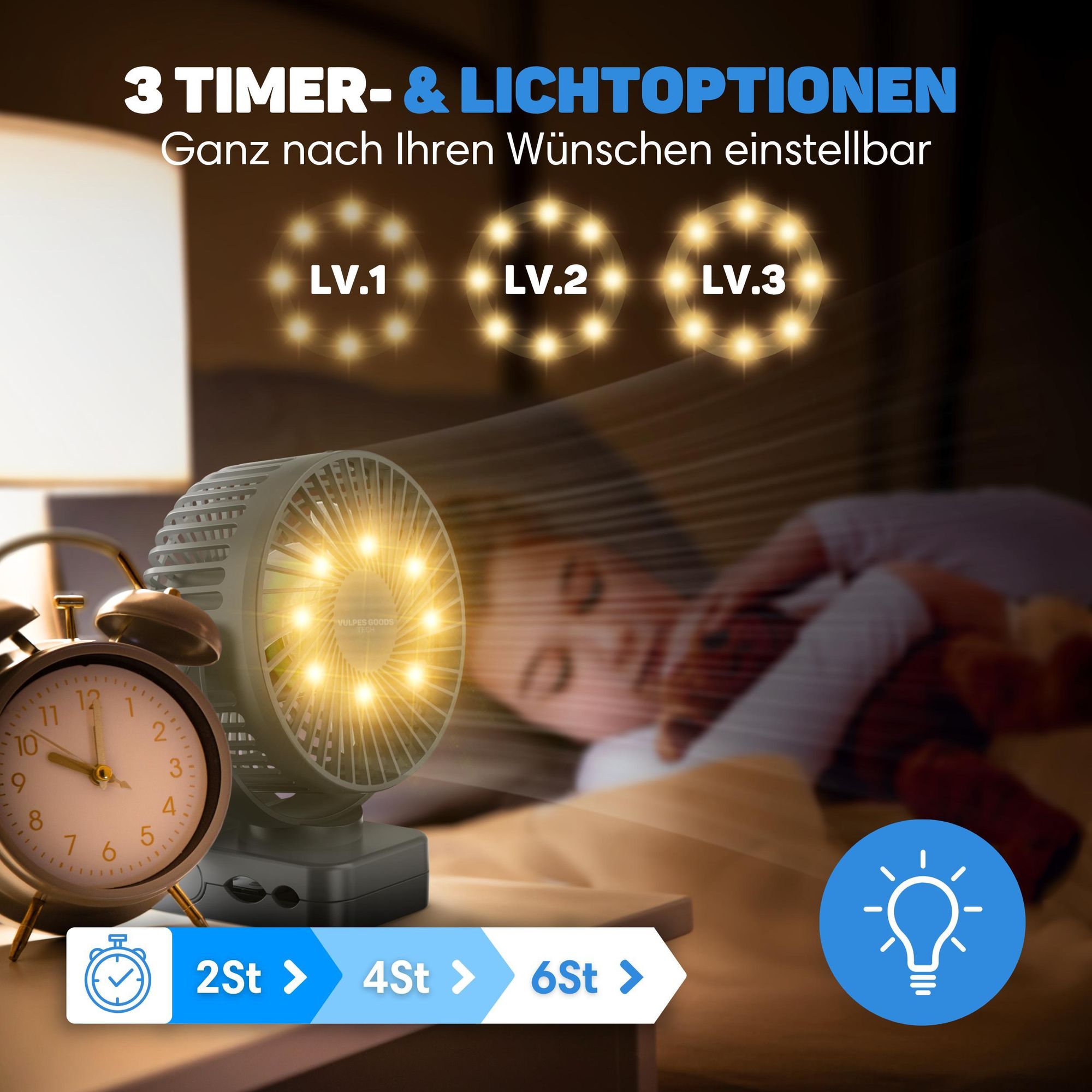 Vulpes Goods Mini Ventilator, Tischventilator, Handventilator, Wiederaufladbar, 3 Geschwindigkeiten, Verlichting, Powerbank-Funktion, 12000 mAh