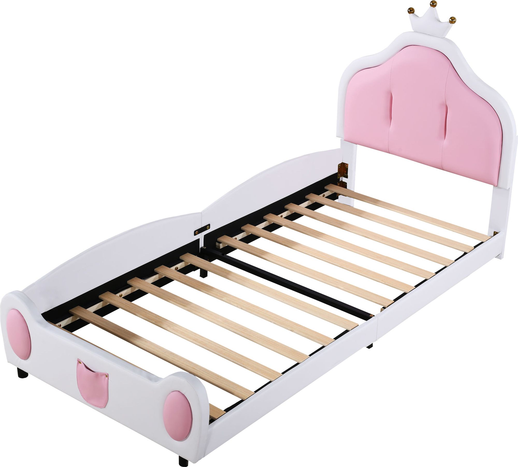 Flieks Kinderbett Polsterbett 90x200cm mit Kronenförmigem Kopfteil, Einzelbett Holzbett Sofabett mit Lattenrost, Bodenbett Schlafsofa, PU, Weiß