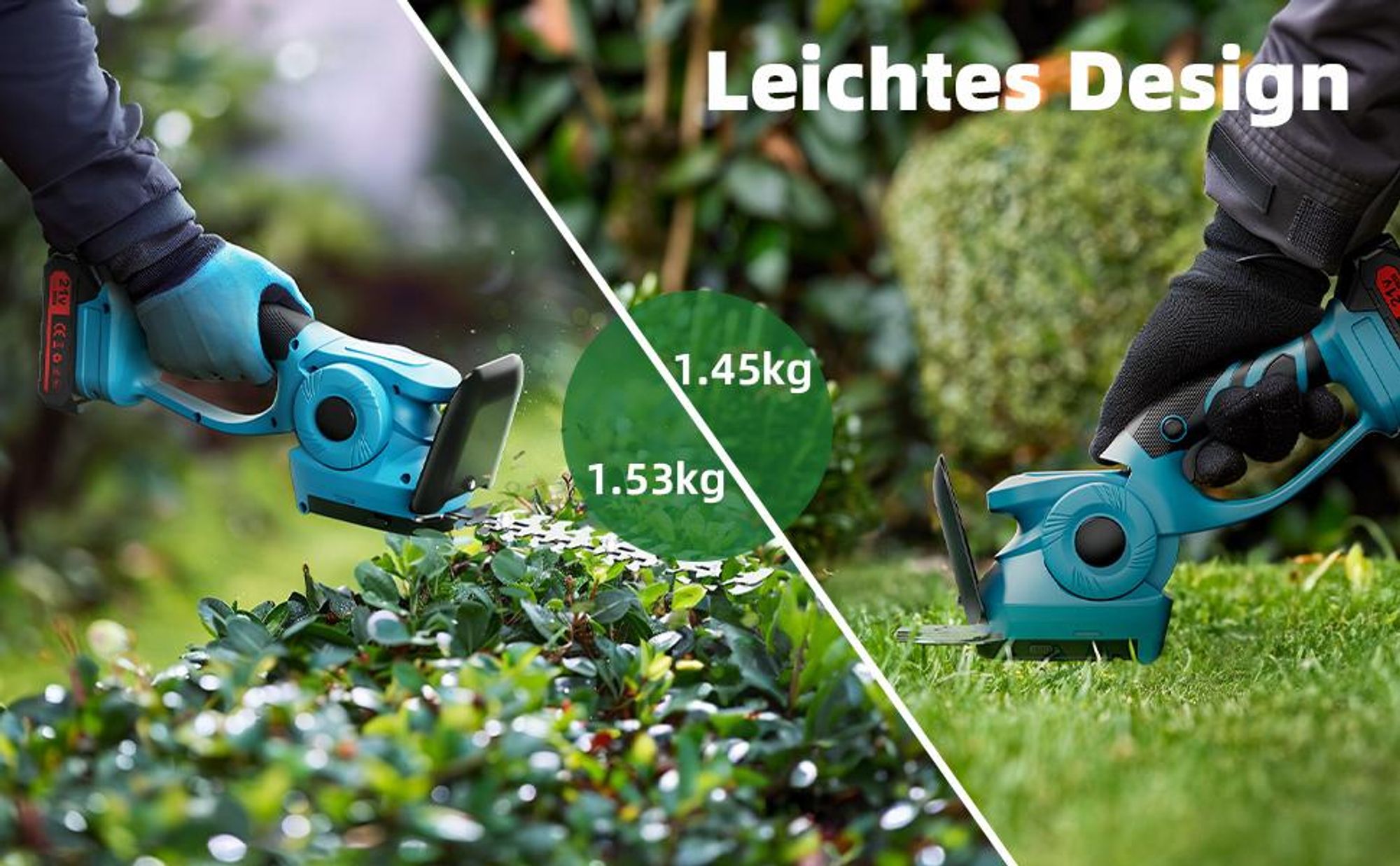 Akku Heckenschere mit drehbarem Griff, 220mm & 130mm Klingen, inkl. 2000mAh Akkus & Ladegerät, Grasschere für präzise Formschnitte im Garten