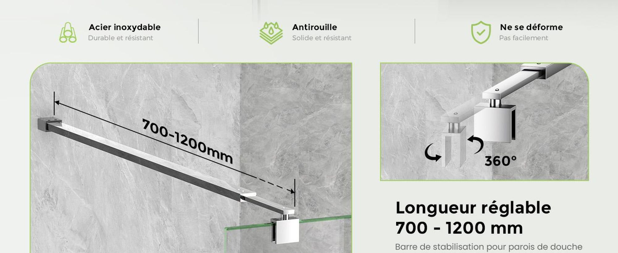 S'AFIELINA barre de support pour paroi de douche 700-1200 mm, inox, stabilisateur de mur à verre pour verre de 8/10 mm, porte de douche ou paroi latérale fixe, 2 pièces