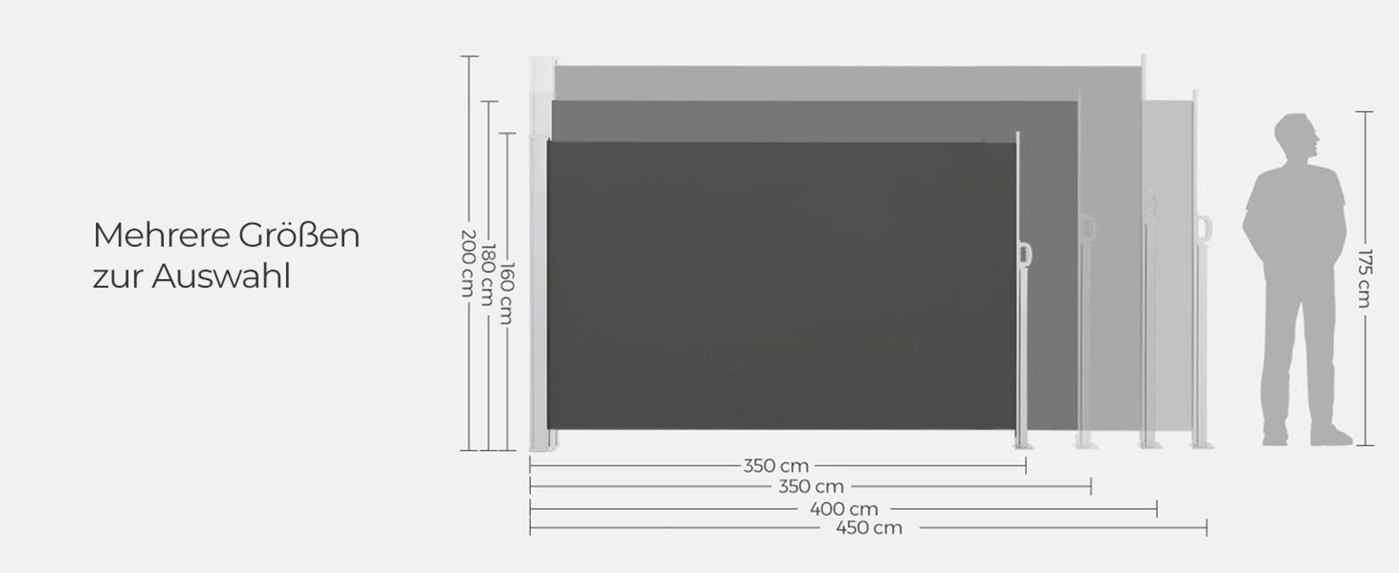 SONGMICS Seitenmarkise, ausziehbar, 180 x 450 cm, aus 220 g/m² Polyester, Sichtschutz, Sonnenschutz, blickdicht, Seitenrollo, für Balkon, Terrasse, Garten, anthrazit GSA589G01