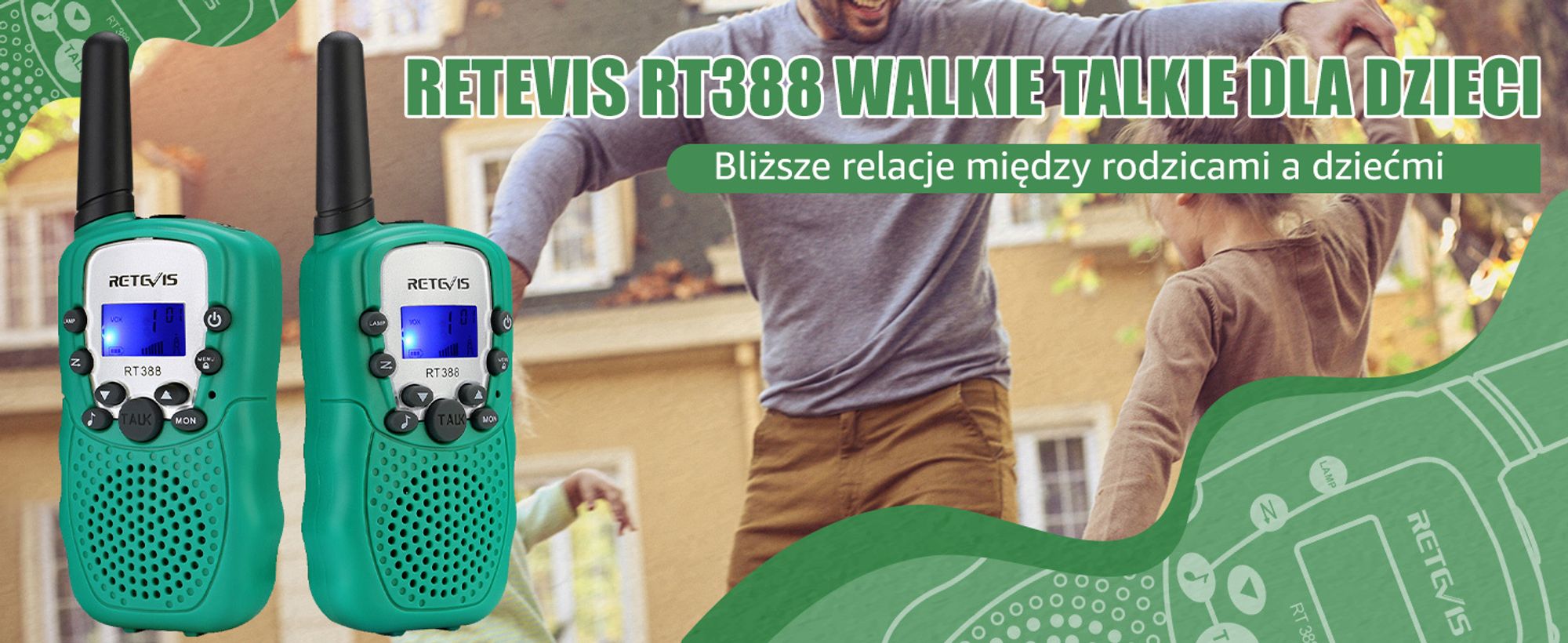 Retevis RT388 Walkie Talkie Zabawka dla dzieci od 4 do 12 lat, radia z latarką VOX, prezenty świąteczne dla chłopców i dziewcząt (zielone)
