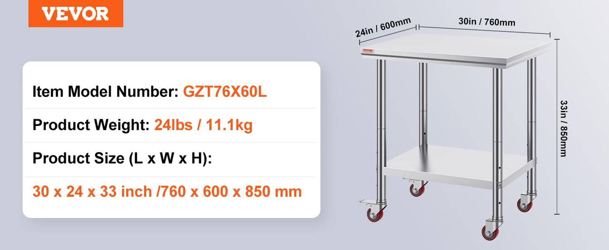 VEVOR Edelstahl Arbeitstisch 30 x 18 x 34 Zoll, 700 LBS Tragfähigkeit mit 4 Rädern, 3 verstellbare Höhenstufen, robuster Lebensmittelvorbereitungstisch für gewerbliche Küchenrestaurants, Silber, 760x600x850 mm
